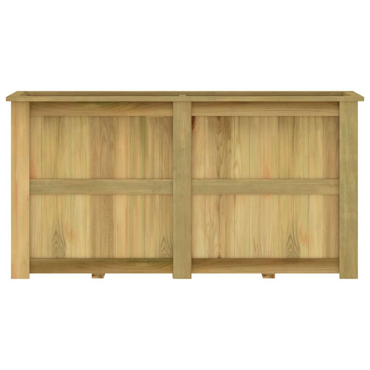Eine rechteckige Holzpflanzkasten. Er ist aus hellbraunem Holz gefertigt, mit vertikalen Brettern und horizontalen und vertikalen Stützen.