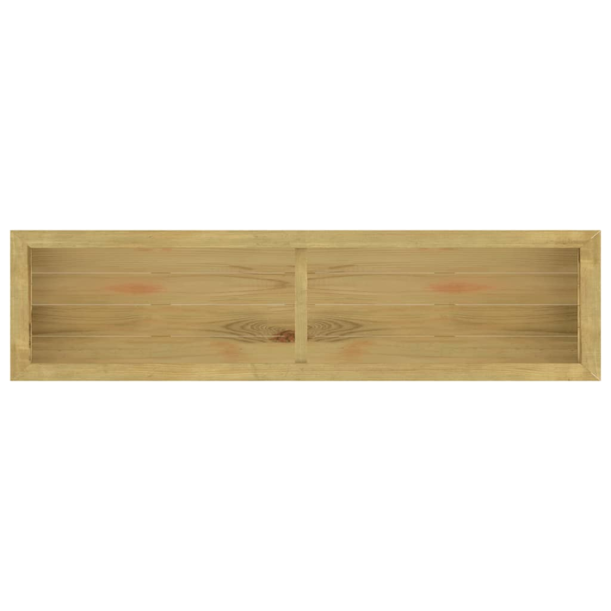 Ein rechteckiger Holzrahmen, hellbraun, mit horizontalen Brettern im Inneren. Ein vertikales Brett teilt das Rechteck.
