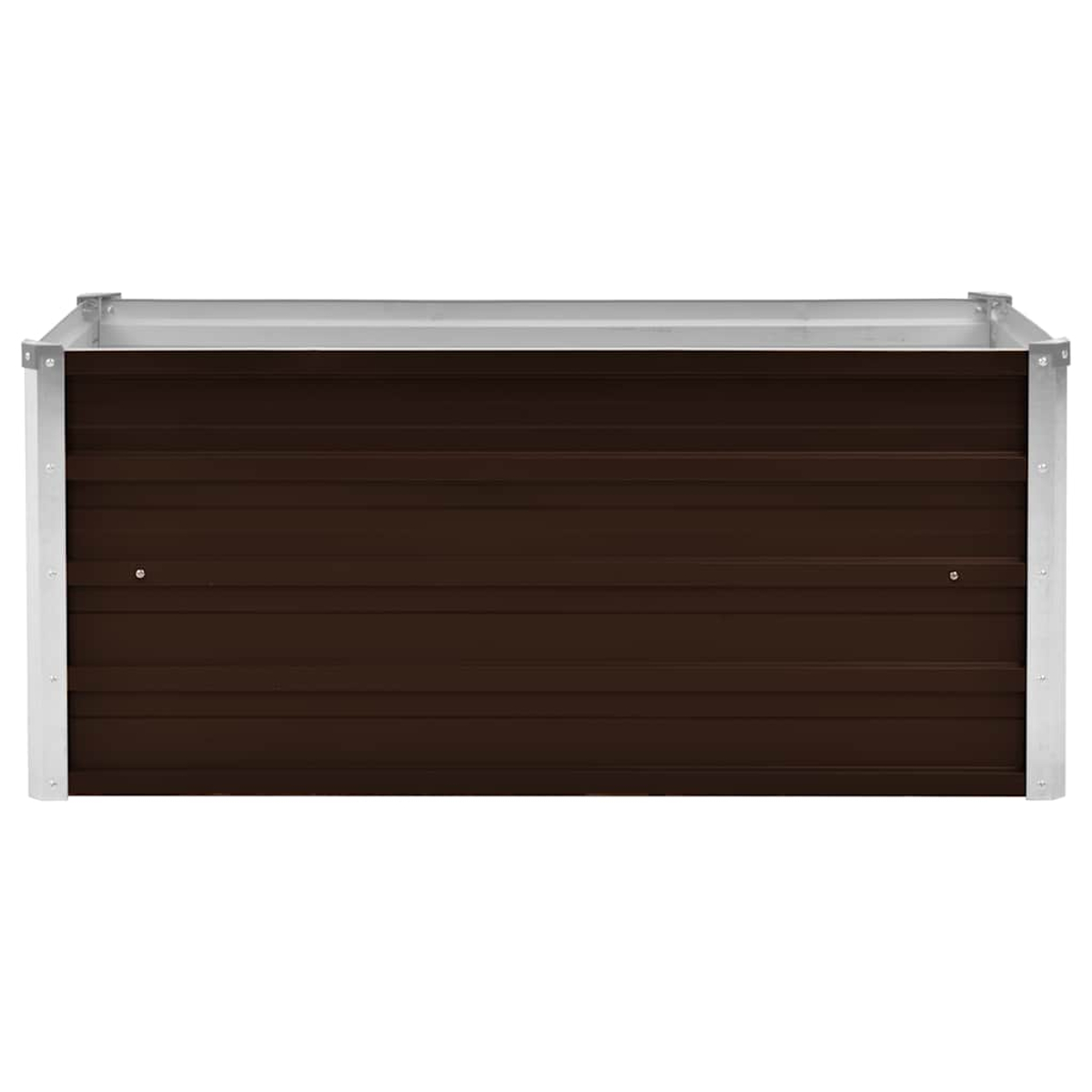 Eine rechteckige braune Metall-Pflanzkasten mit silbernen Metallkanten. Die Box hat horizontale Linien. Der Hintergrund ist weiß.