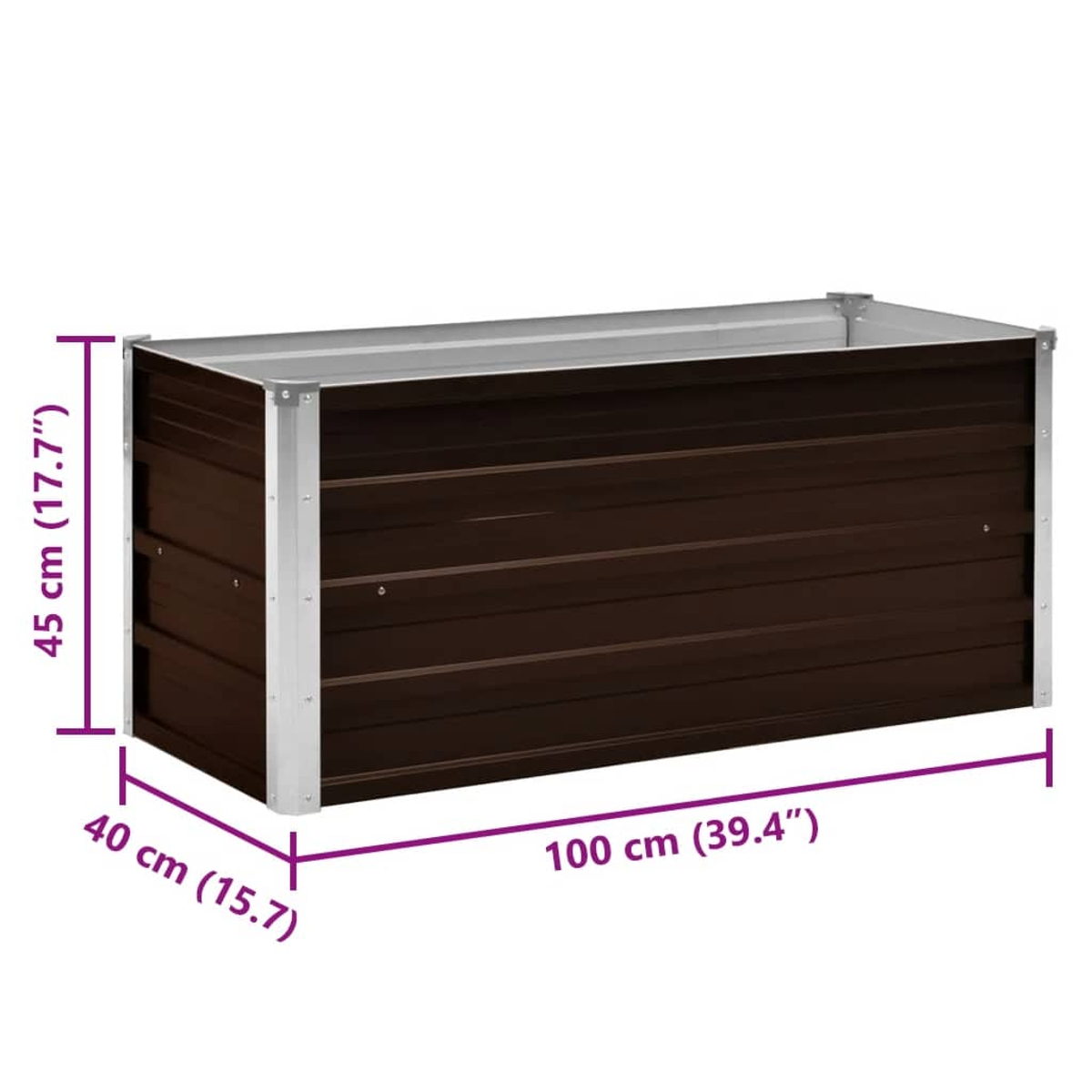 Ein braunes Hochbeet aus Metall, mit Abmessungen in Zentimetern und Zoll. Das Beet ist rechteckig.