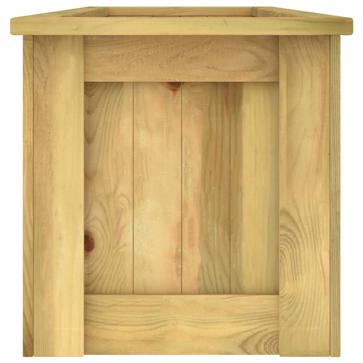 Ein quadratischer Holzblumentopf, hellbraun, mit Maserung. Der Rahmen hat ein schlichtes Design.