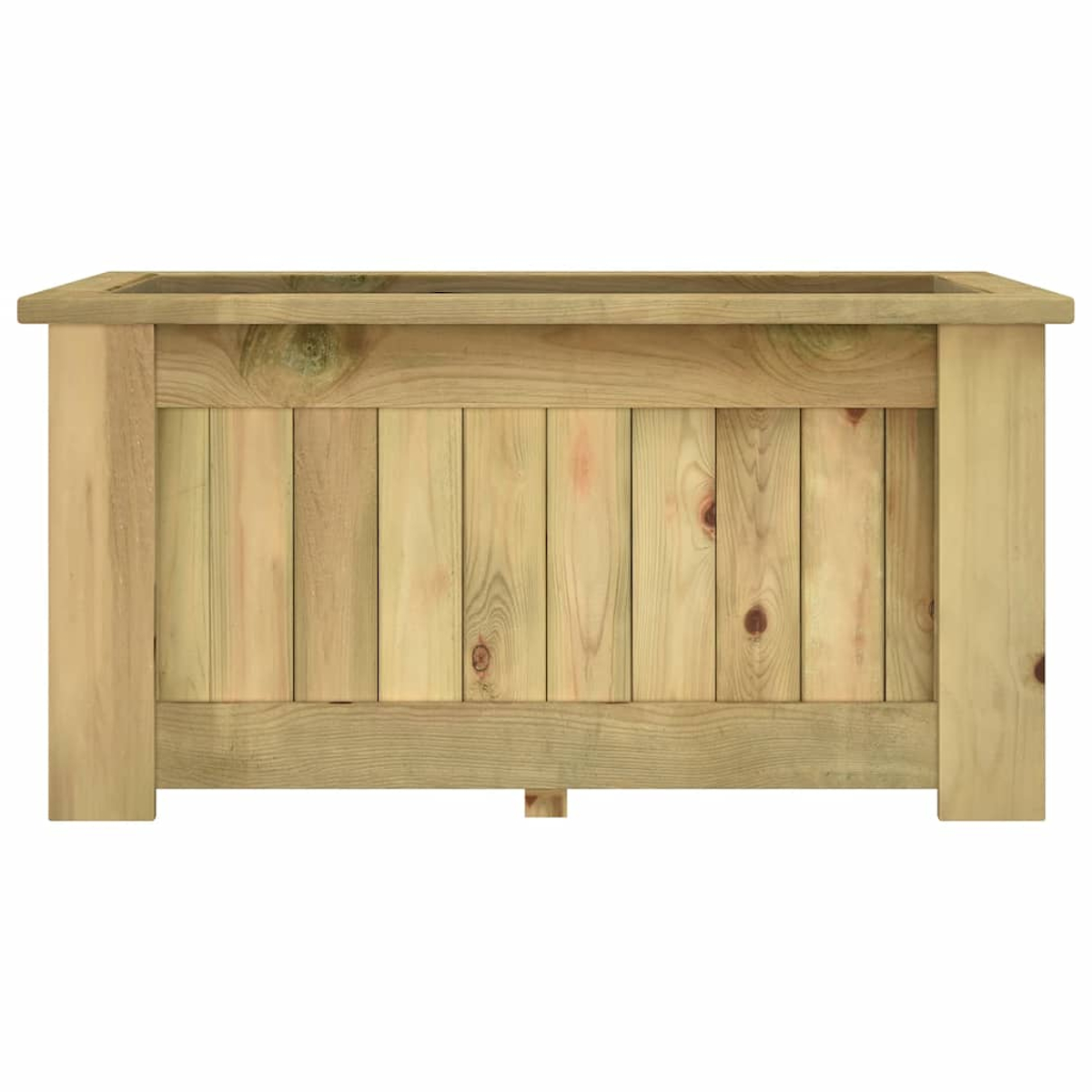 Ein rechteckiger Pflanzkasten aus hellem Holz. Er hat vertikale Bretter an der Vorderseite und ein einfaches, robustes Design.