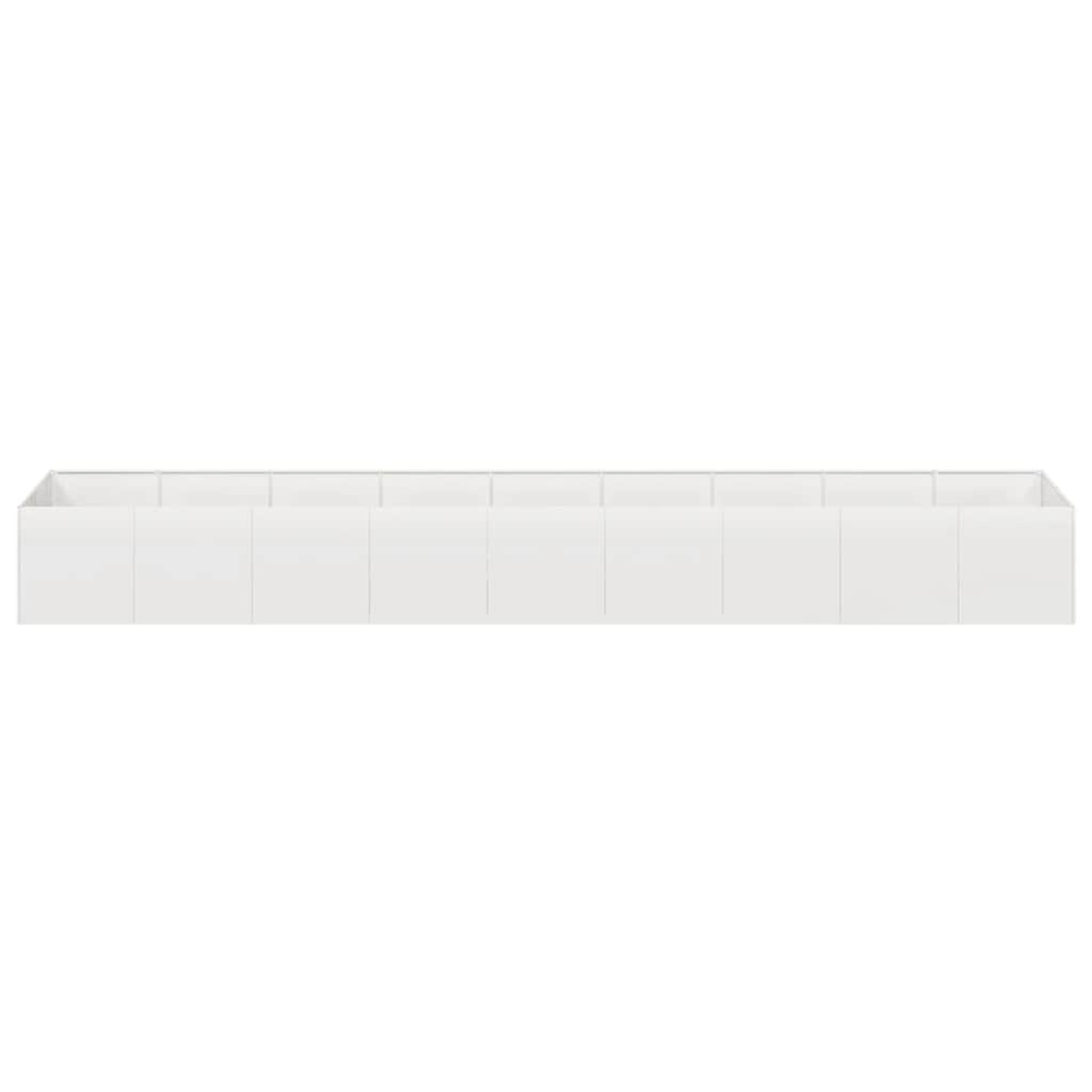 Una lunga scaffalatura rettangolare bianca. L'unità è divisa in diverse sezioni uguali, tutte di colore bianco brillante, su sfondo bianco.