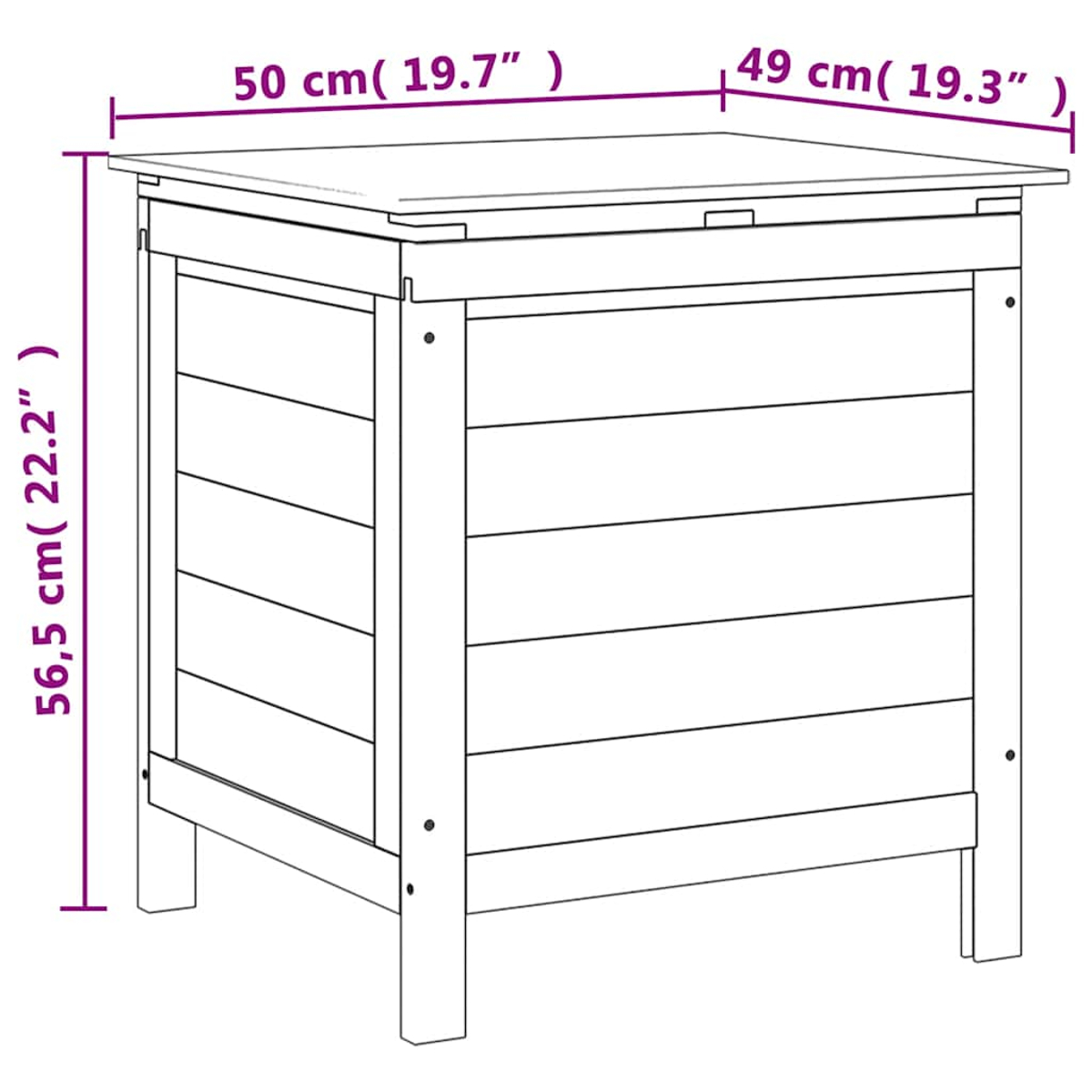 Eine weiße Holzkiste mit flacher Oberseite und horizontalen Latten. Abmessungen sind beschriftet: 50cm, 49cm und 56,5cm. Es ist eine Strichzeichnung.