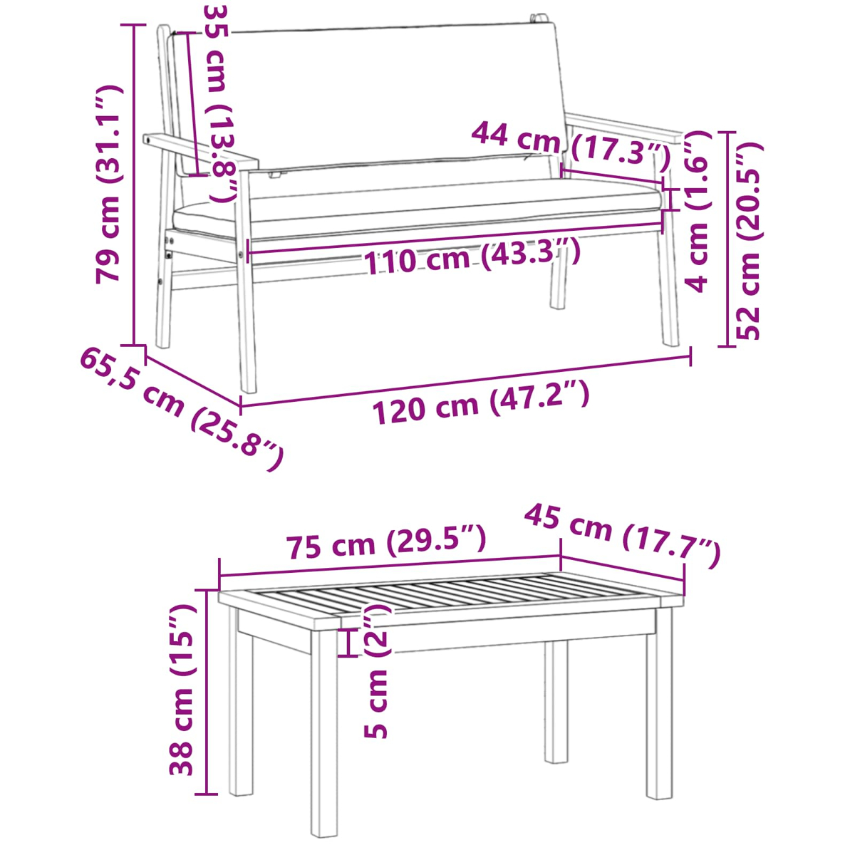 Diagramm einer Holzbank und eines Tisches mit Abmessungen in cm und Zoll. Die Bank hat eine Rückenlehne und ein Kissen.