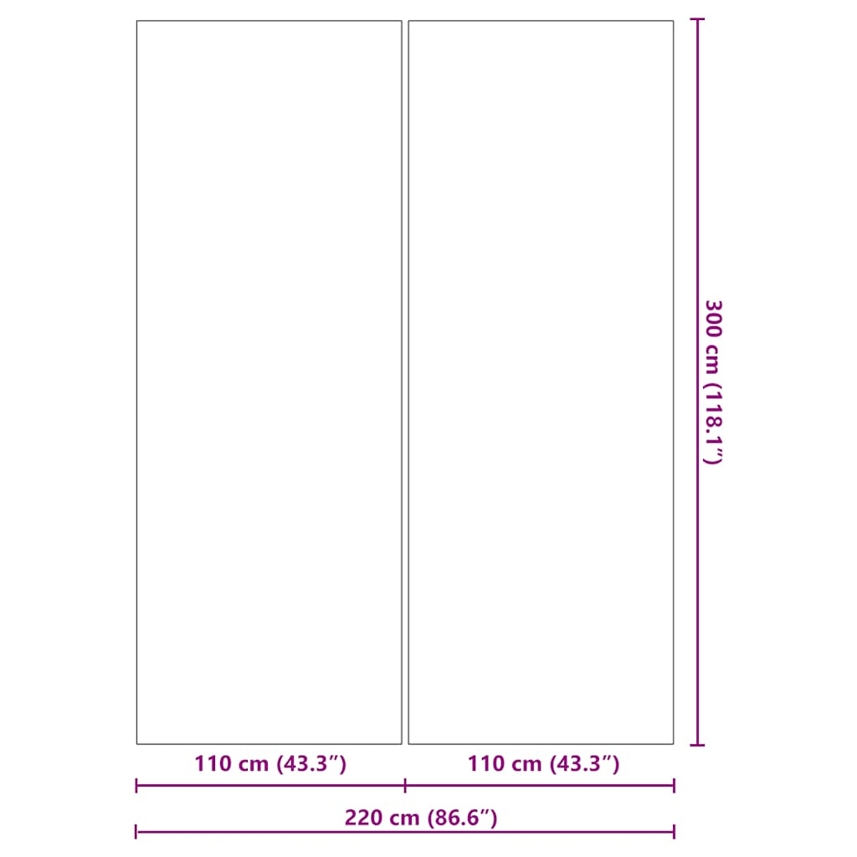 Diagramm mit den Abmessungen von zwei Paneelen. Jedes Paneel ist 110 cm breit. Gesamtbreite 220 cm. Höhe 300 cm.