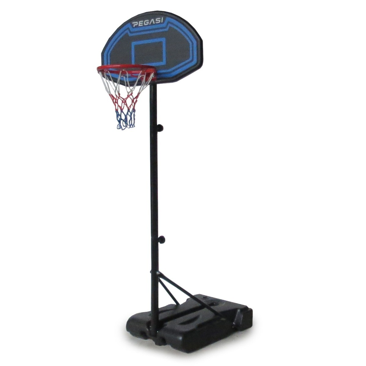 A basketball hoop stands on a white background. It has a black pole, a blue and black backboard, and a red net.