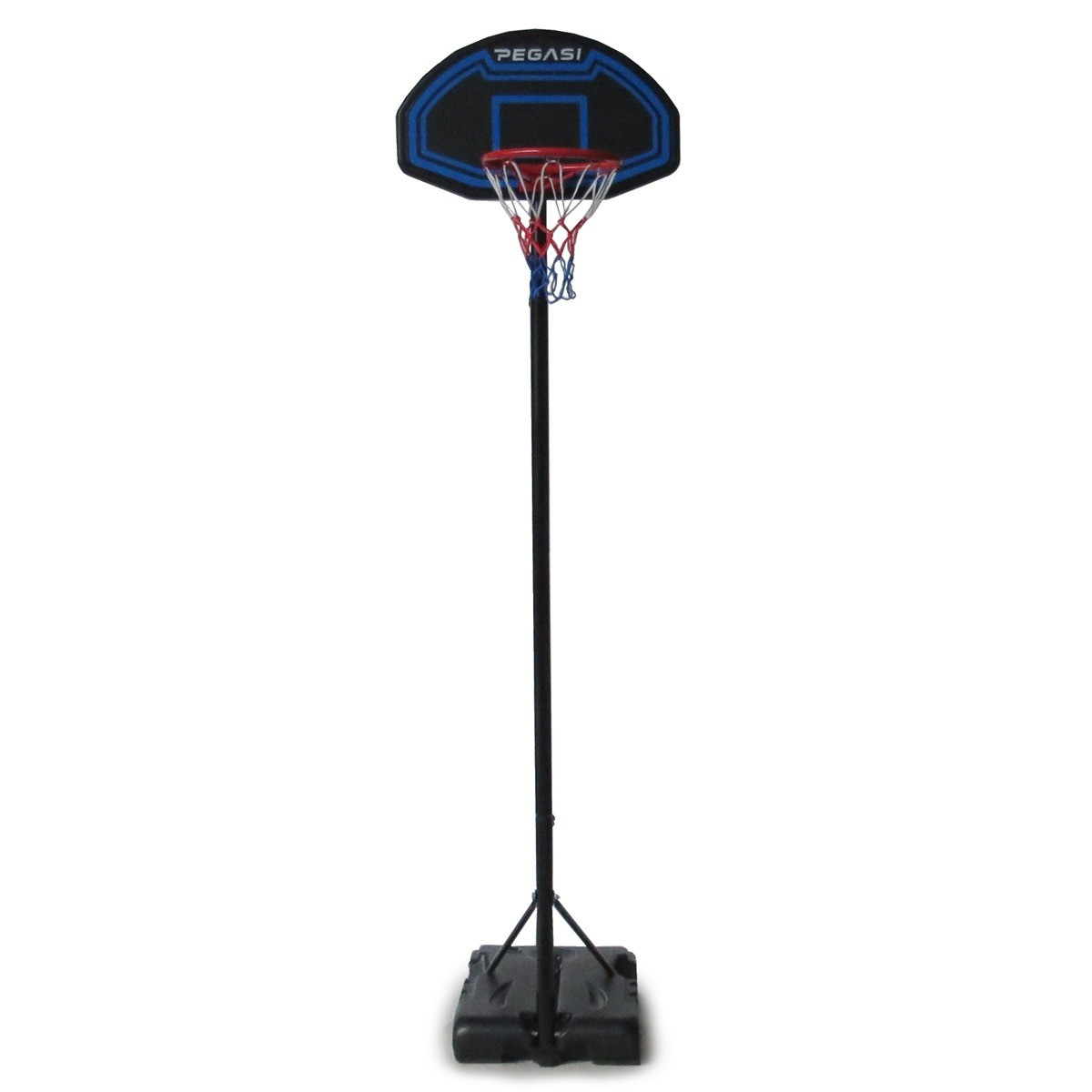 A basketball hoop stands on a white background. It has a black backboard with blue trim and a red net. It's on a black pole.