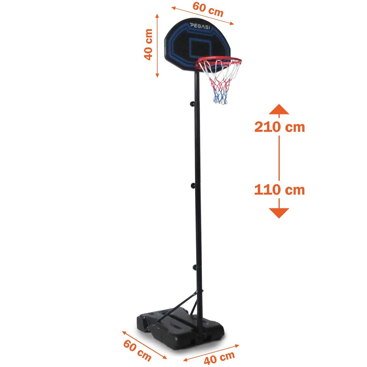 A basketball hoop stands on a white background. It has a black base, a black pole, and a black backboard with a red net.