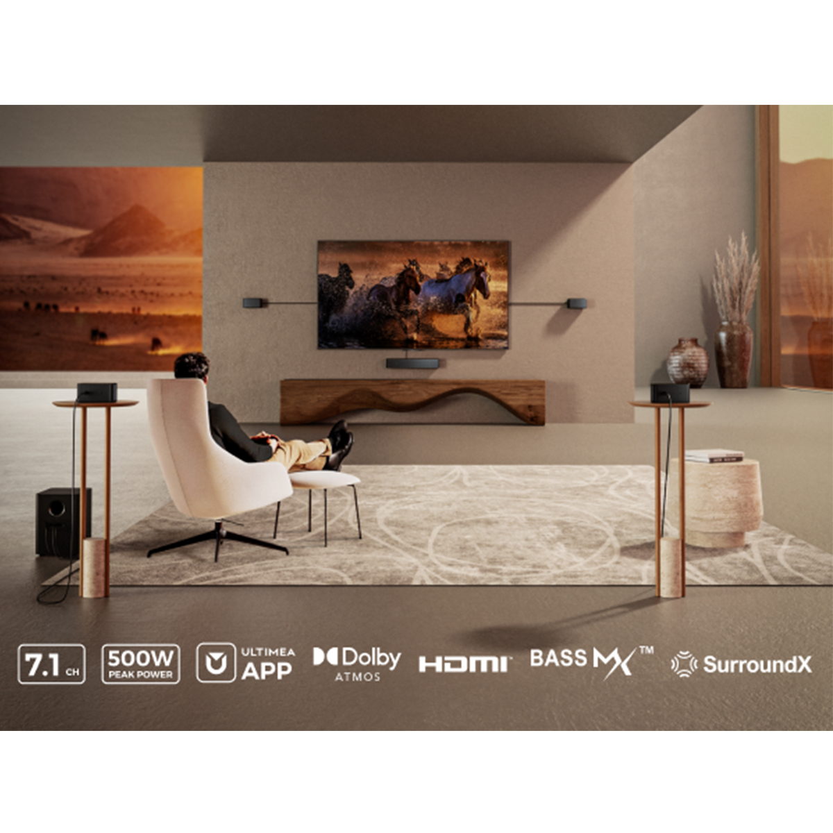 Mężczyzna relaksuje się, oglądając TV z końmi. Głośniki i system dźwiękowy w pokoju. Nowoczesny wystrój wnętrz.