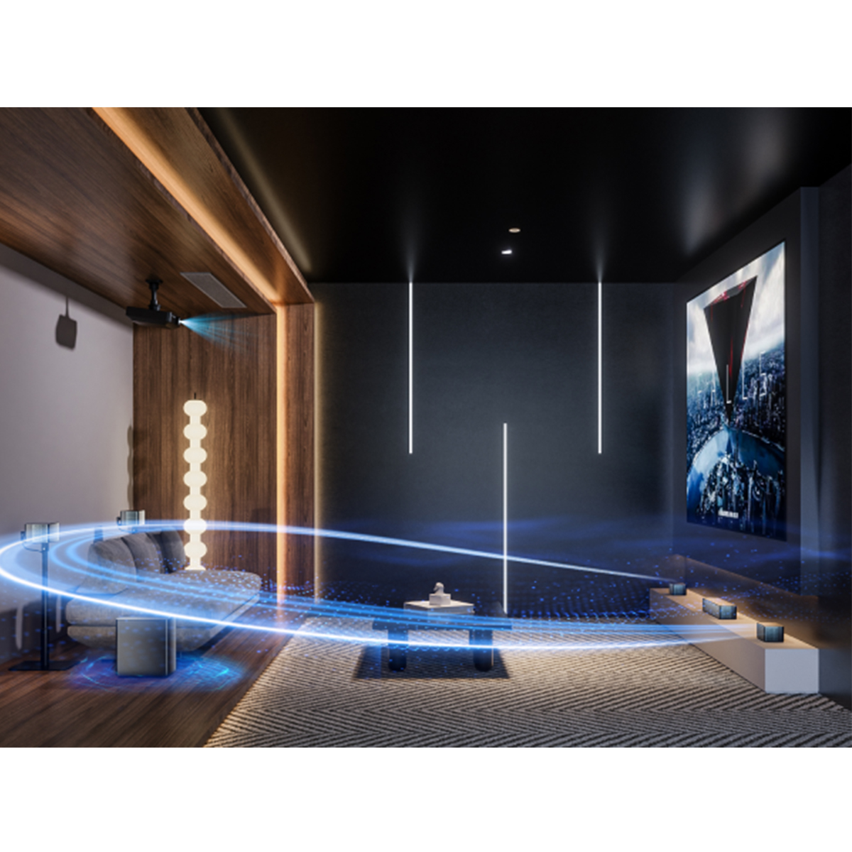 Nowoczesny pokój kina domowego z projektorem, ekranem, sofą i efektami świetlnymi. Niebieskie smugi światła.