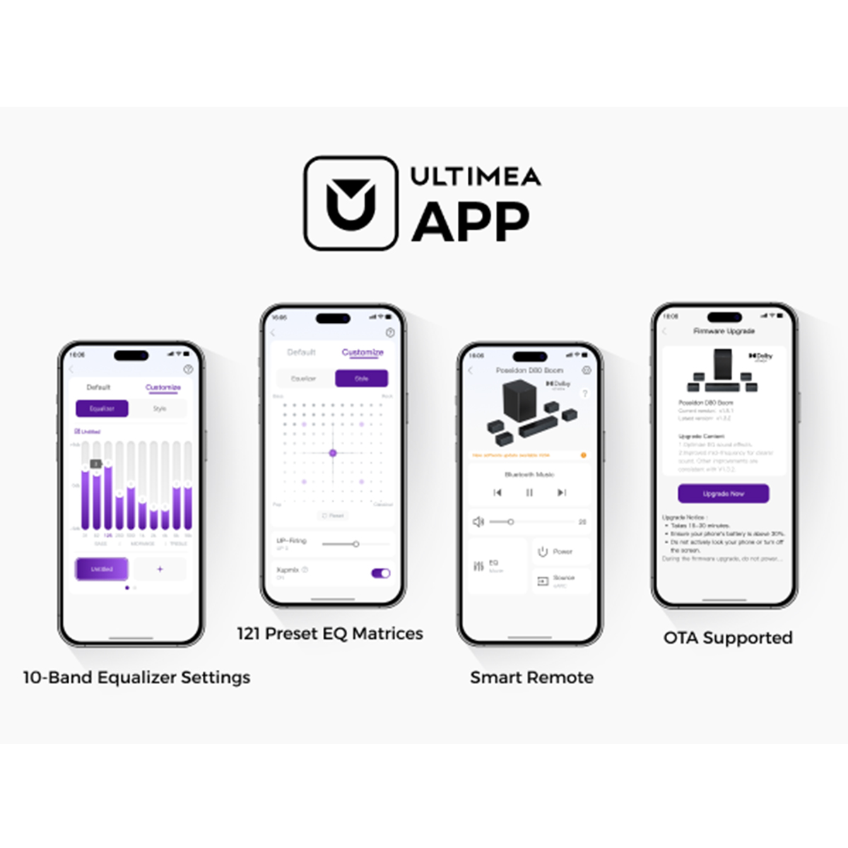 Obraz przedstawia interfejs aplikacji Ultimea z 4 różnymi ekranami mobilnymi, w tym ustawieniami korektora, pilotem i aktualizacją oprogramowania.