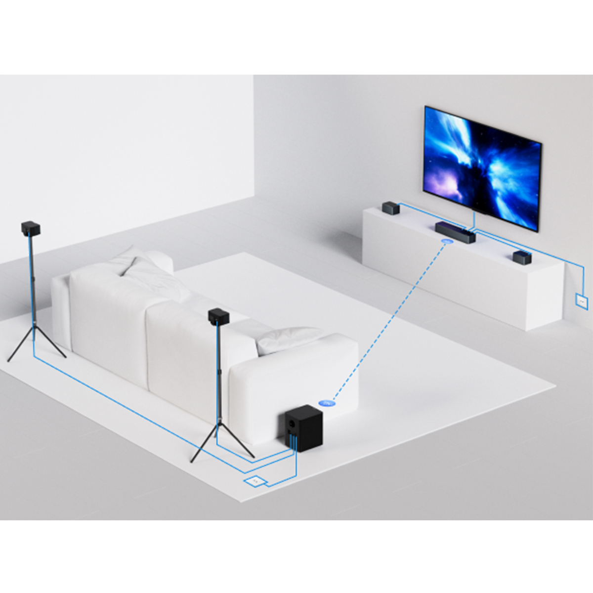 Nowoczesna konfiguracja kina domowego. Pokazano białą sofę, głośniki i telewizor wyświetlający niebieską mgławicę. Kable łączą urządzenia.