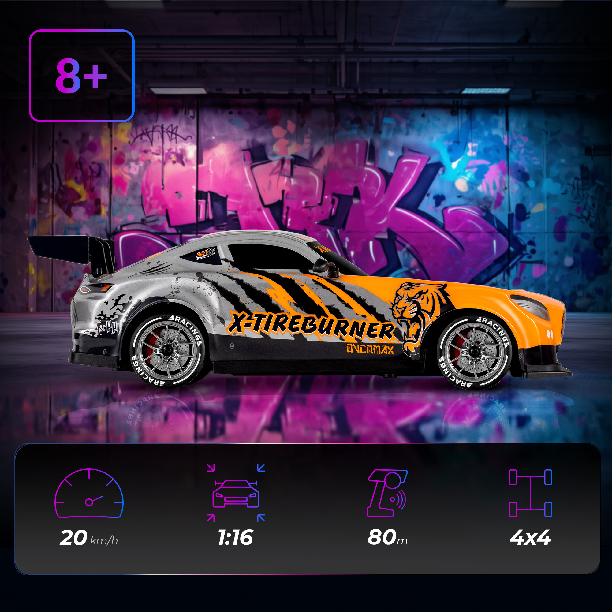 Wyświetlany jest zabawkowy samochód z motywem tygrysa. Jest pomarańczowy i szary. Tłem jest ściana z graffiti.