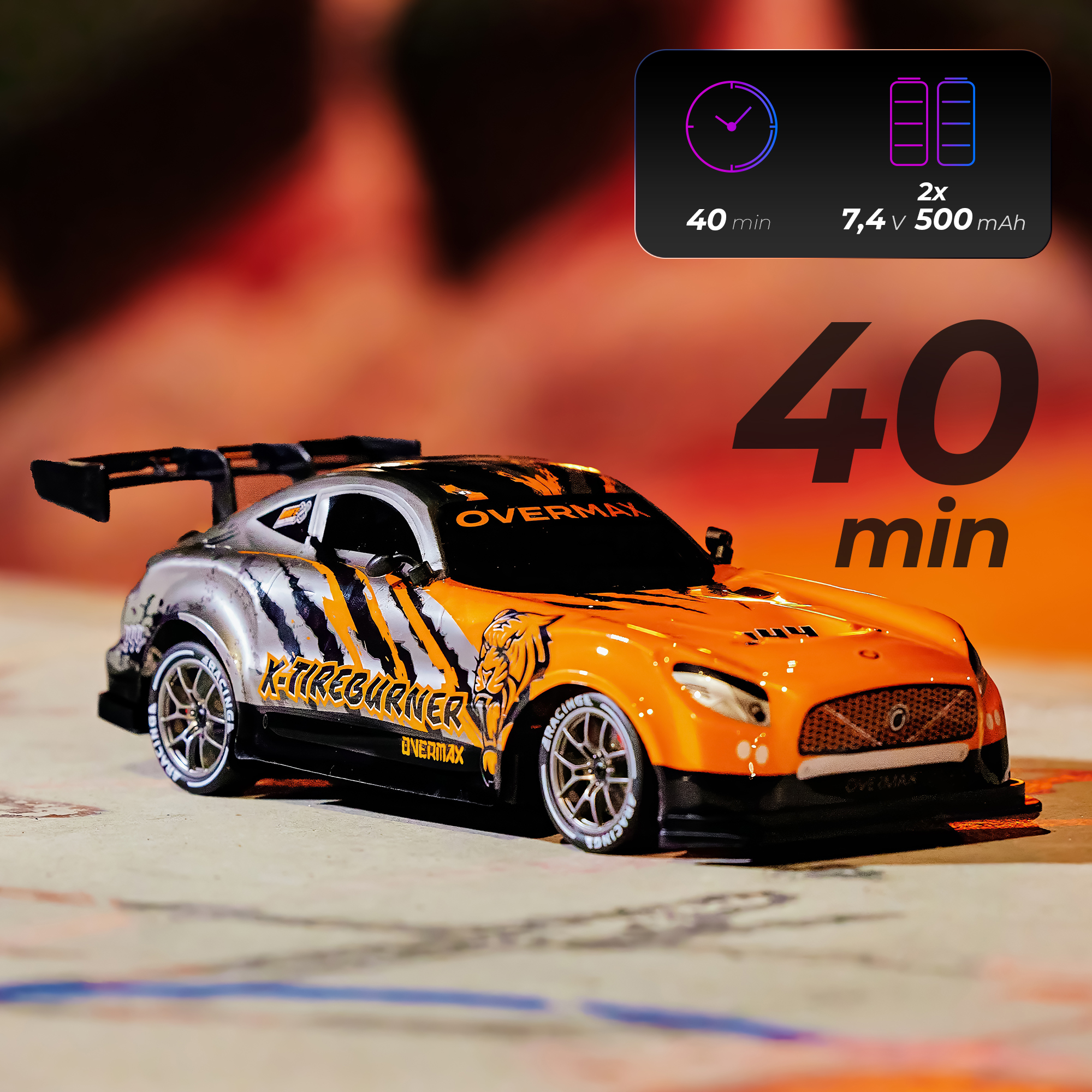 Pomarańczowy i srebrny samochodzik z napisem 'K-TIREBURNER'. Grafika wyświetla 40 min i specyfikację baterii.