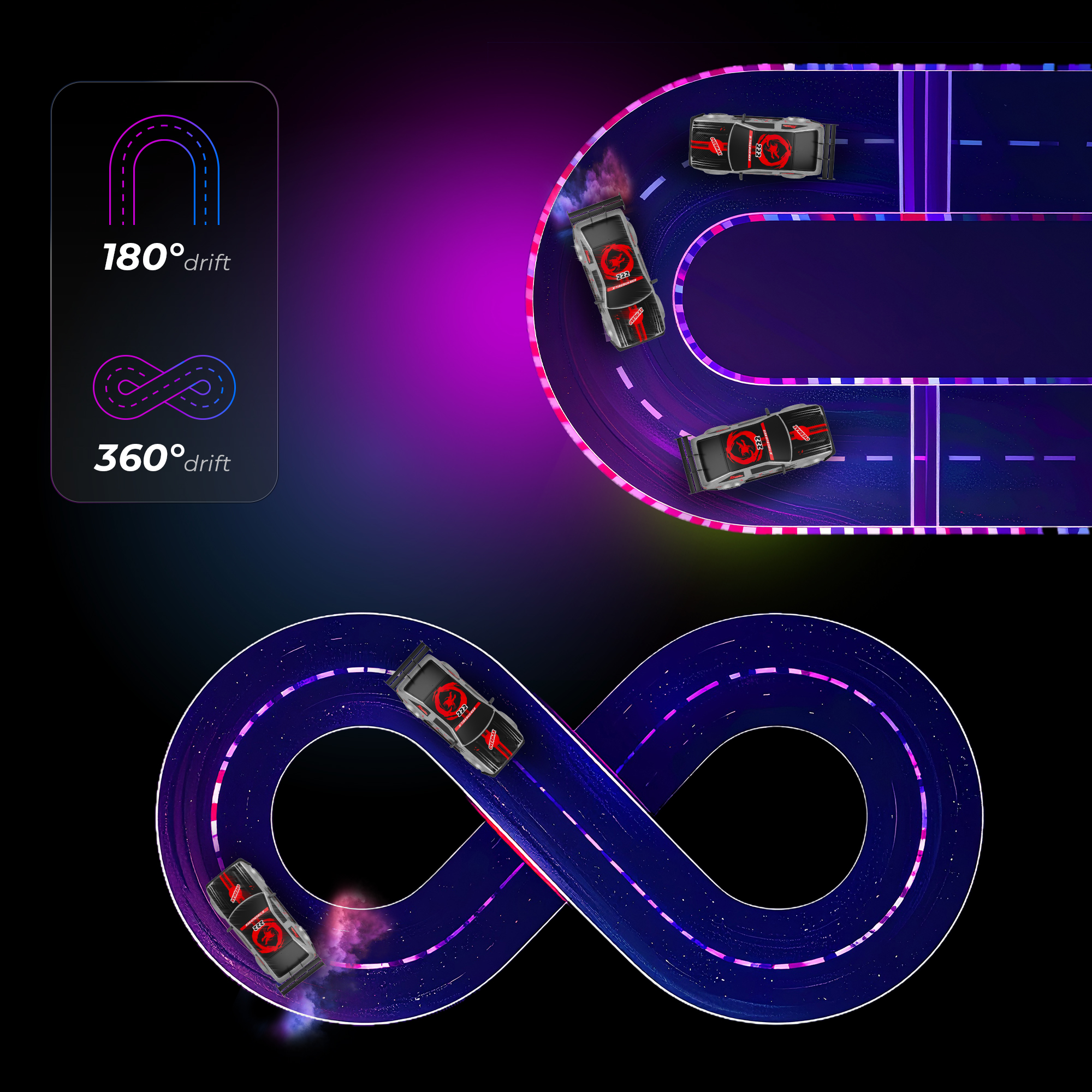 Obraz przedstawia zabawki samochodowe dryfujące na podświetlonych torach, demonstrujące manewry dryfu 180 i 360 stopni.