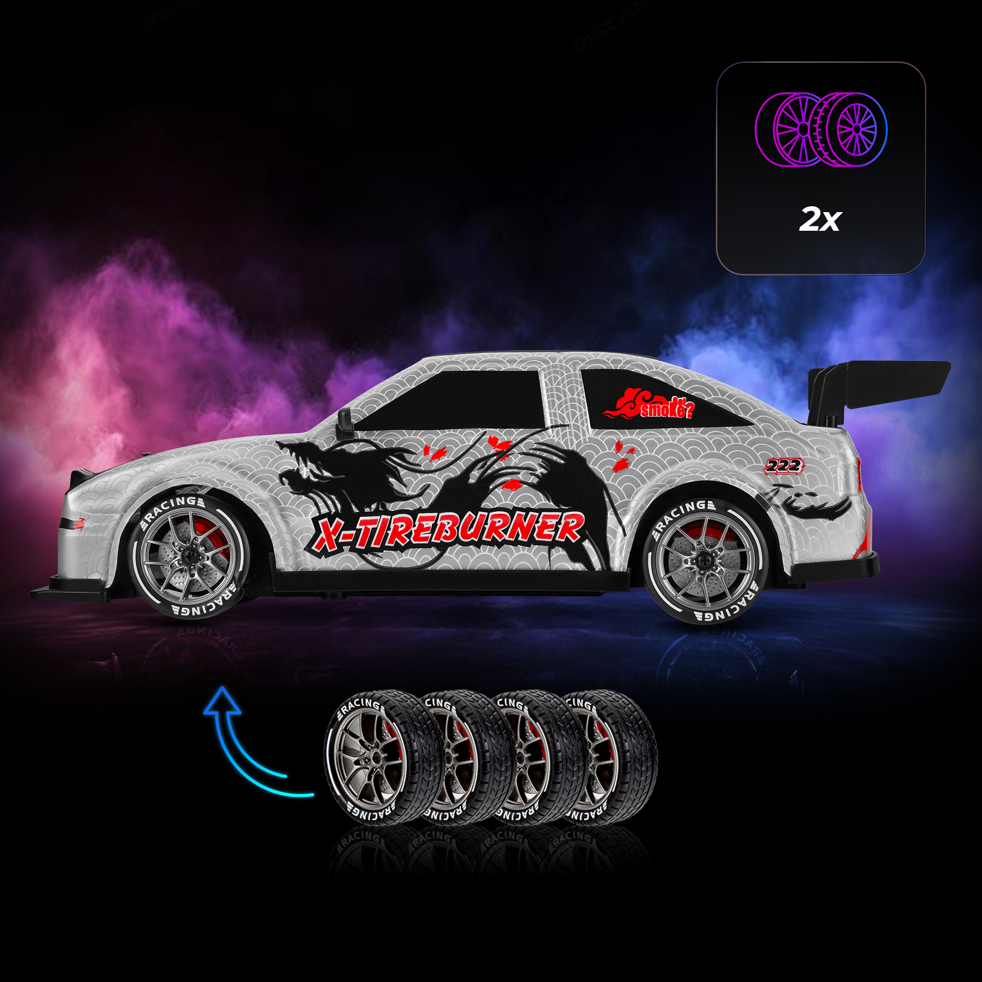 Srebrny samochodzik z motywem smoka, tekstem 'X-TIREBURNER' i dodatkowymi oponami. Tło z fioletowym i niebieskim efektem dymu.