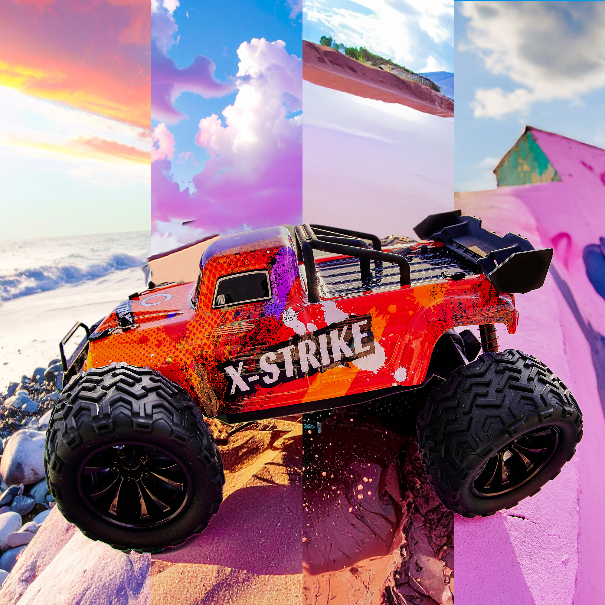 Pomarańczowo-czarny samochód RC X-Strike na piasku i różowej powierzchni, z tłem nieba. Duże koła i spojler.