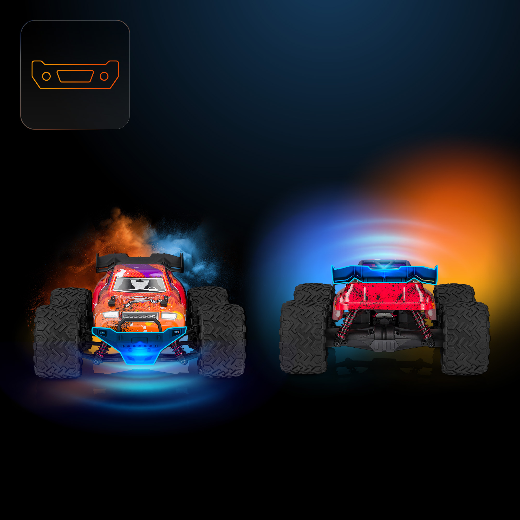 Zwei Spielzeug-Monstertrucks, einer orange und einer rot, vor einem dunklen Hintergrund. Jeder hat große Reifen und einen Spoiler.