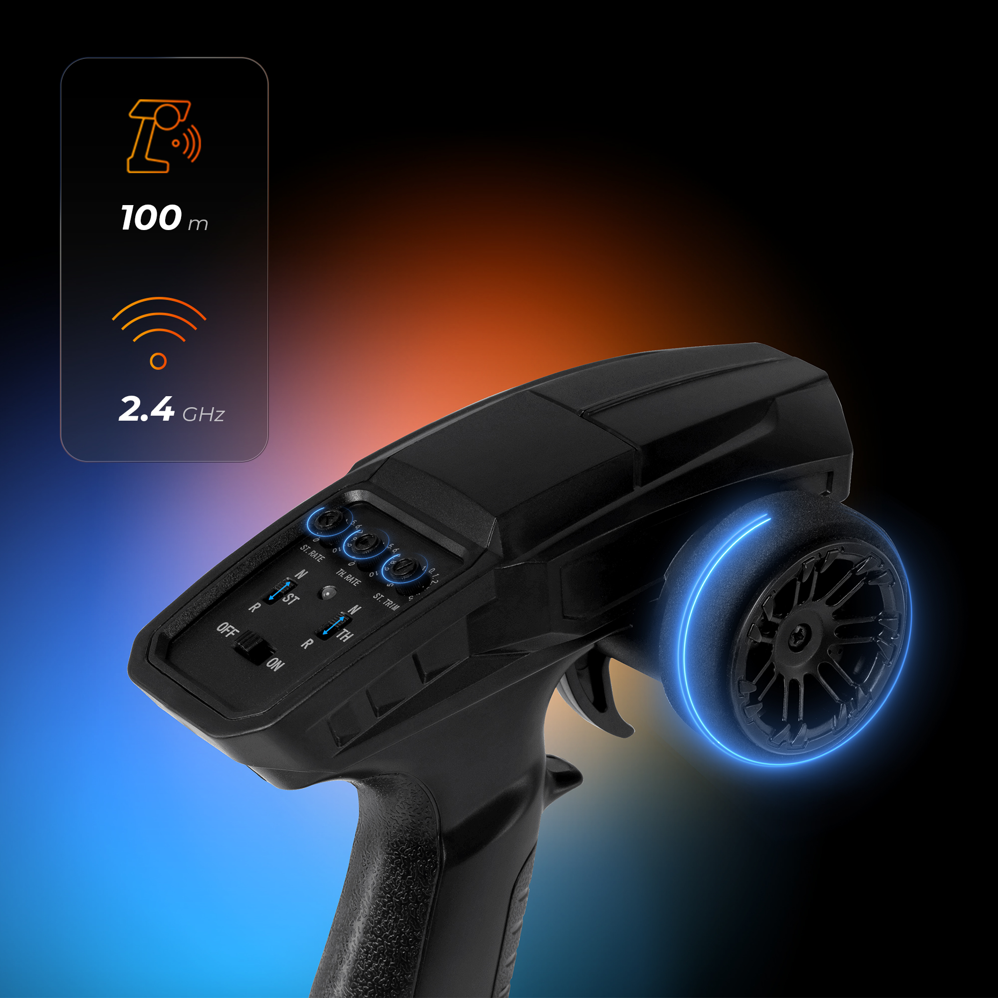 Czarny pilot z niebieskimi akcentami. Wyświetla zasięg 100m i częstotliwość 2,4 GHz.