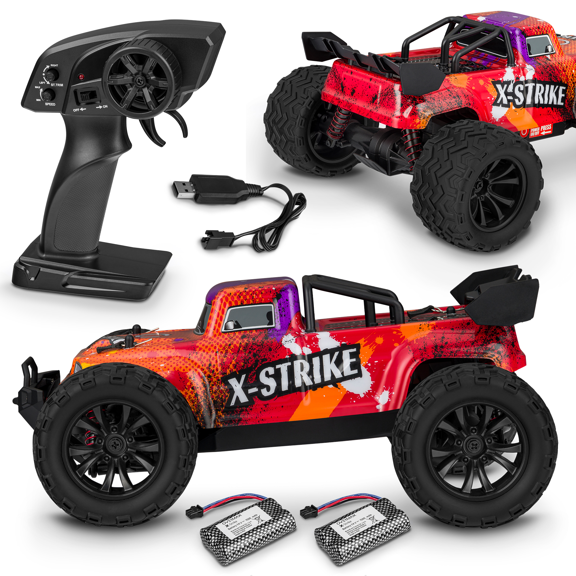 Samochód RC z pilotem, kablem USB i bateriami. Samochód jest czerwony z czarnymi kołami i napisem 'X-STRIKE'.