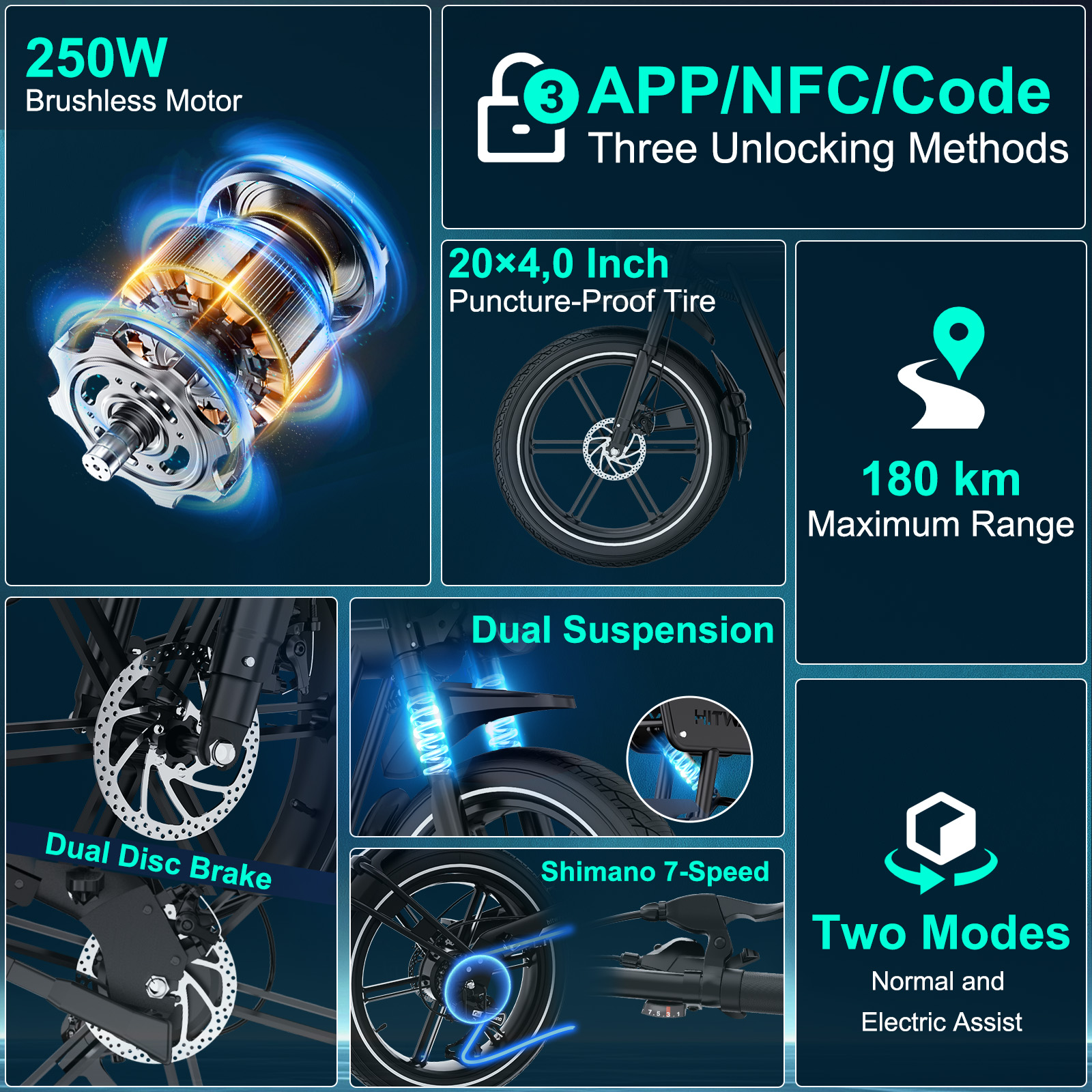 An electric bike features a brushless motor, dual disc brakes, dual suspension, and a Shimano 7-speed system.