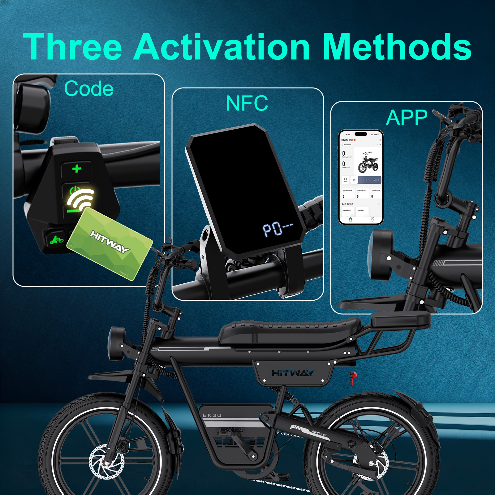 An electric bike showcasing three activation methods: Code, NFC, and APP. The bike is black with green accents.