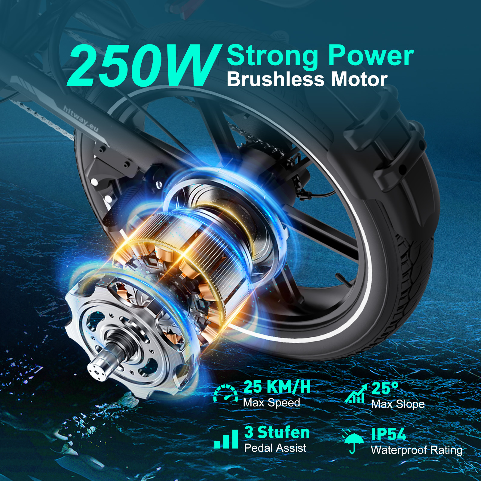 An electric bike motor with text indicating 250W power, 25km/h speed, and waterproof rating.