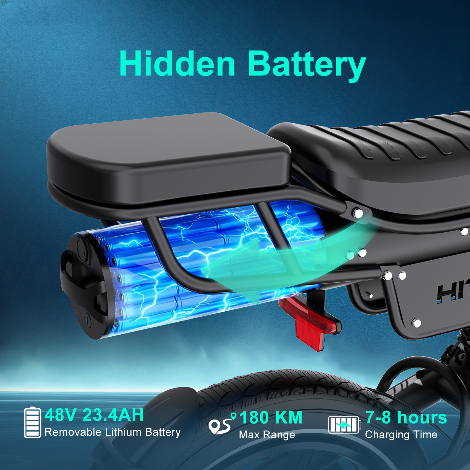 An electric bike showing a hidden battery compartment with a blue glowing battery and specifications.