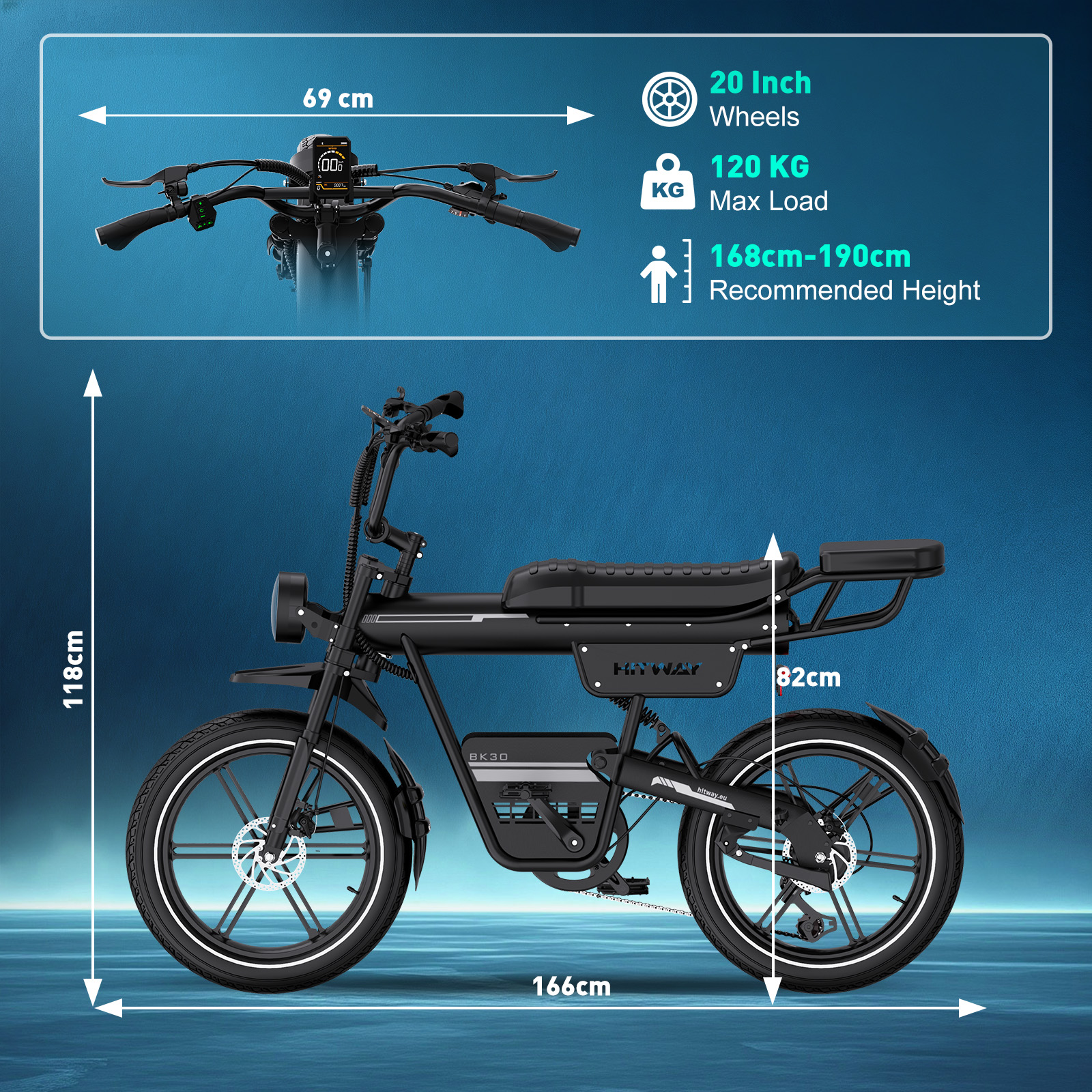 Vélo électrique BK30 noir avec dimensions, roues de 20 pouces, charge max. 120 kg, hauteur recommandée 168-190cm.