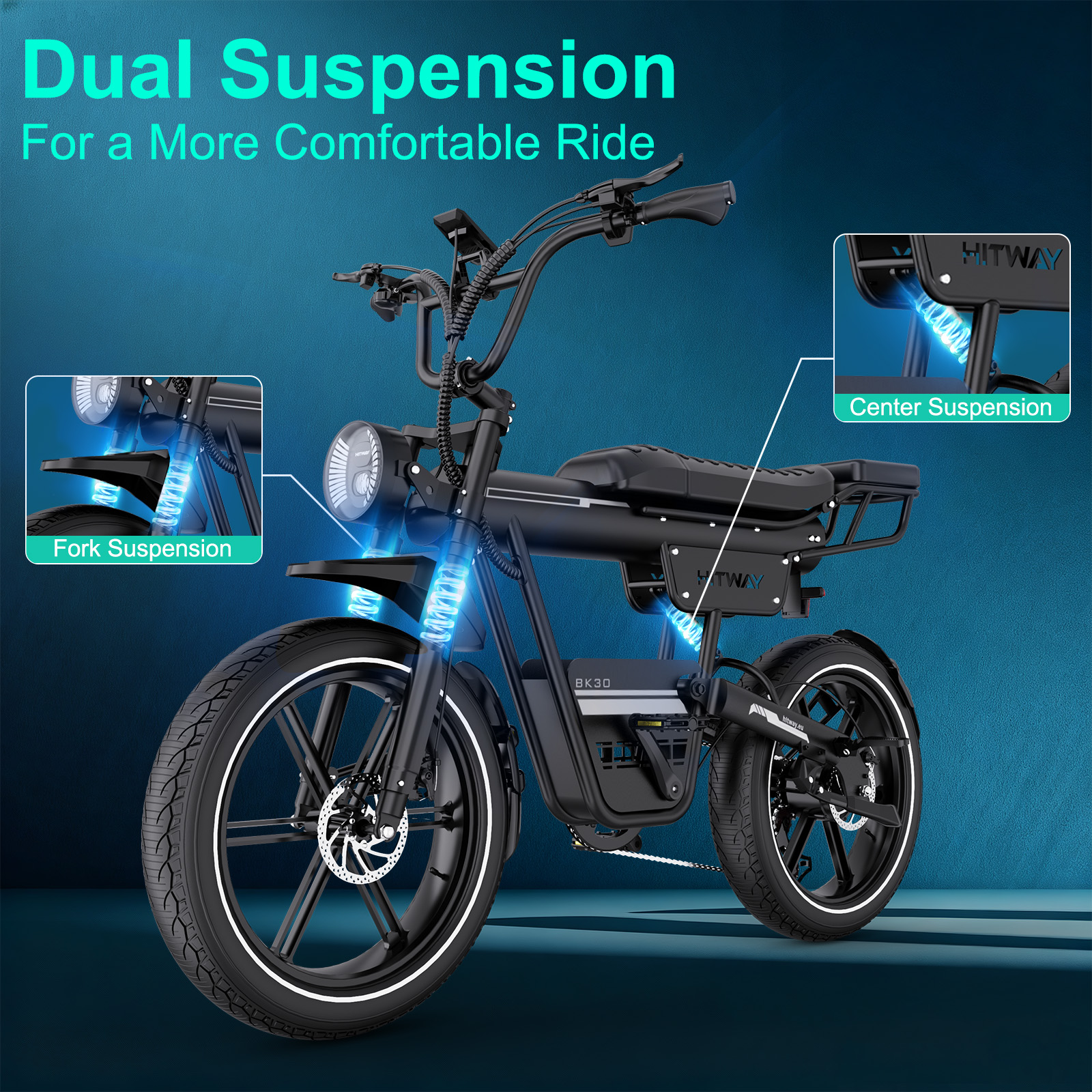 Black electric bike with dual suspension. Text highlights fork and center suspension. Brand name: HITWAY. Model: BK30.