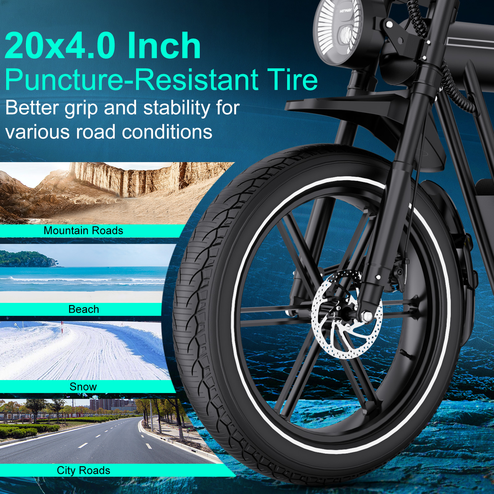 An e-bike tire with the text '20x4.0 Inch Puncture-Resistant Tire'. Images show mountain, beach, snow, and city roads.