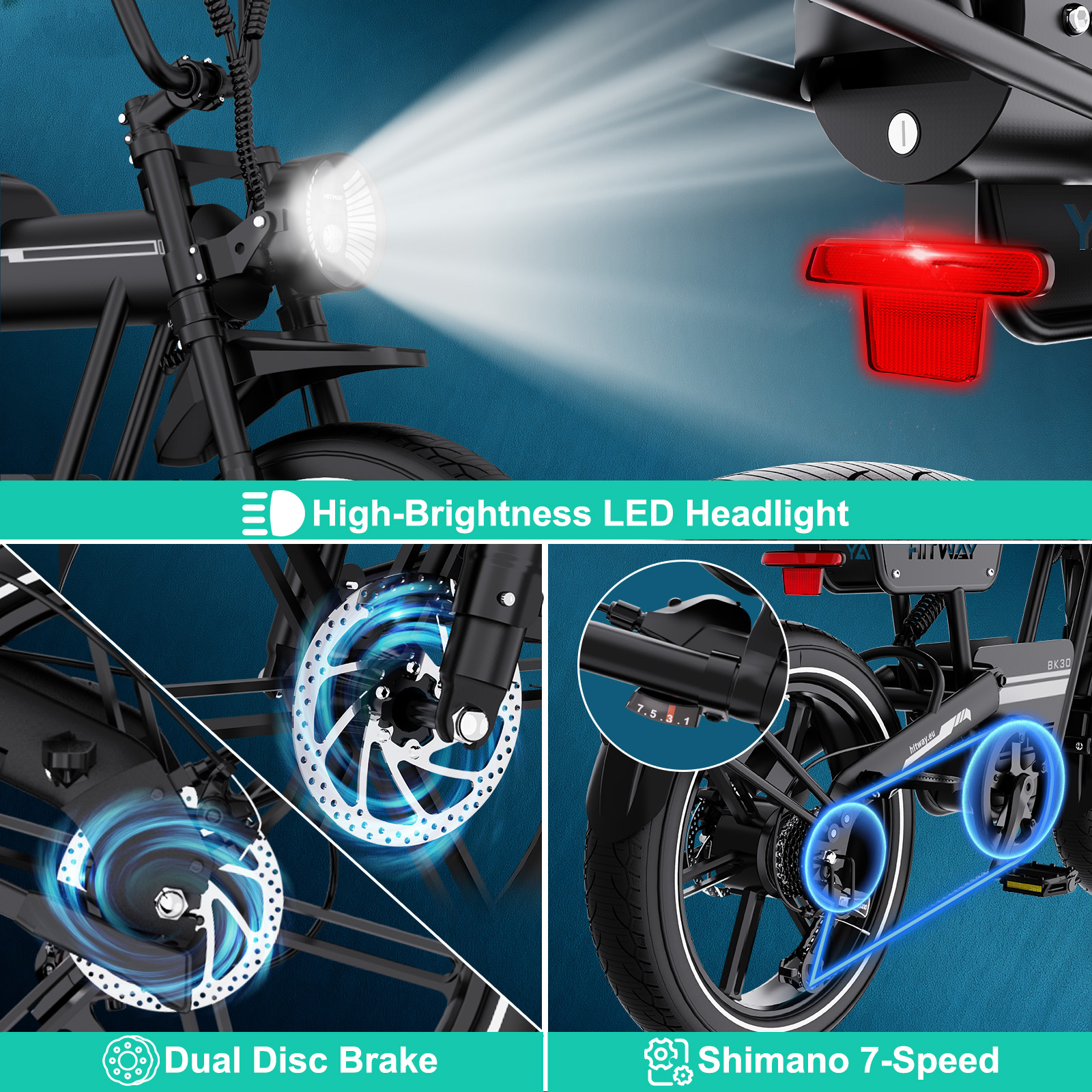 Black e-bike with bright LED headlight, dual disc brakes, and Shimano 7-speed. Shows bike details, including gears and brake discs.