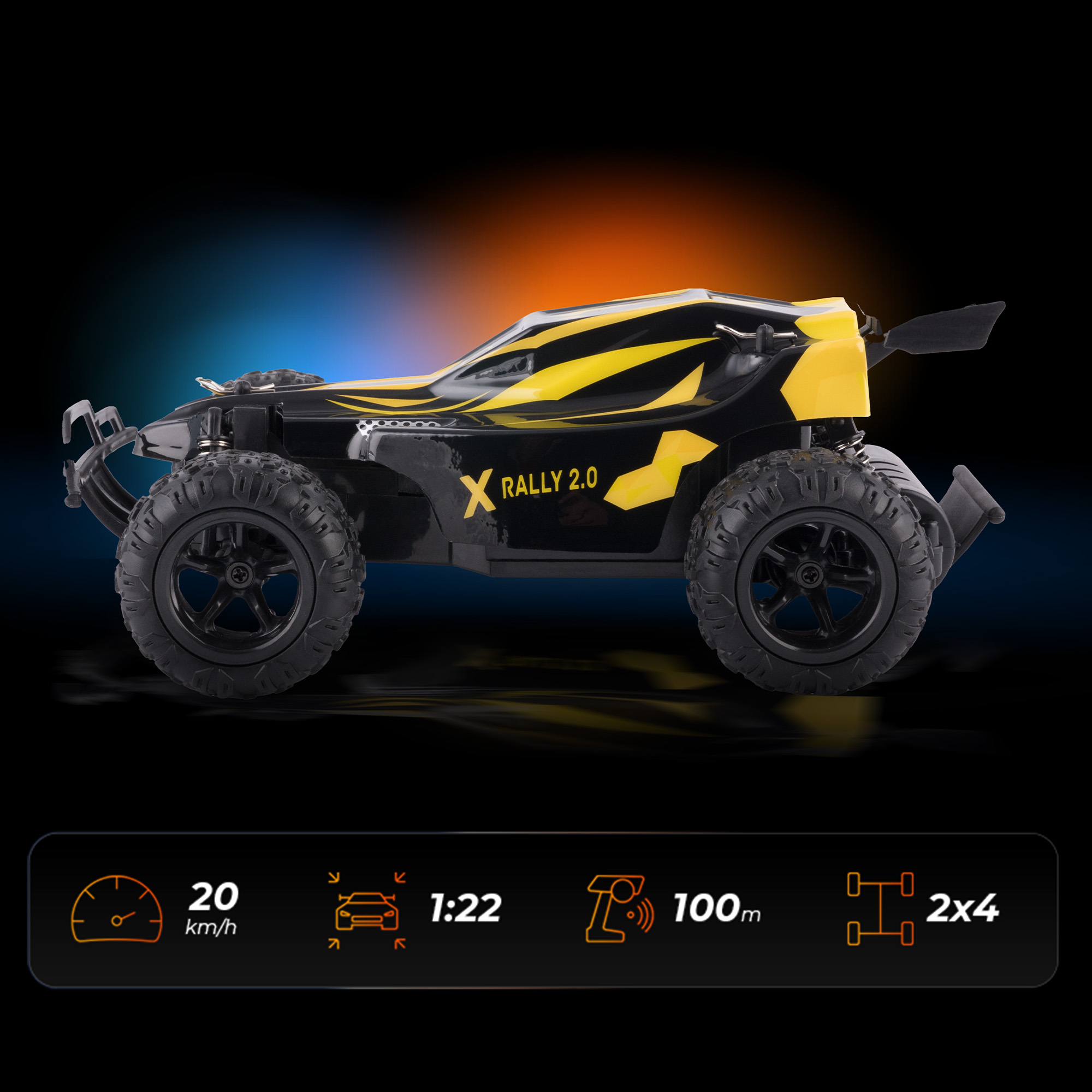 Czarny i żółty samochód RC, 'X Rally 2.0', z dużymi oponami. Zawiera szczegóły dotyczące prędkości, skali, zasięgu i napędu.