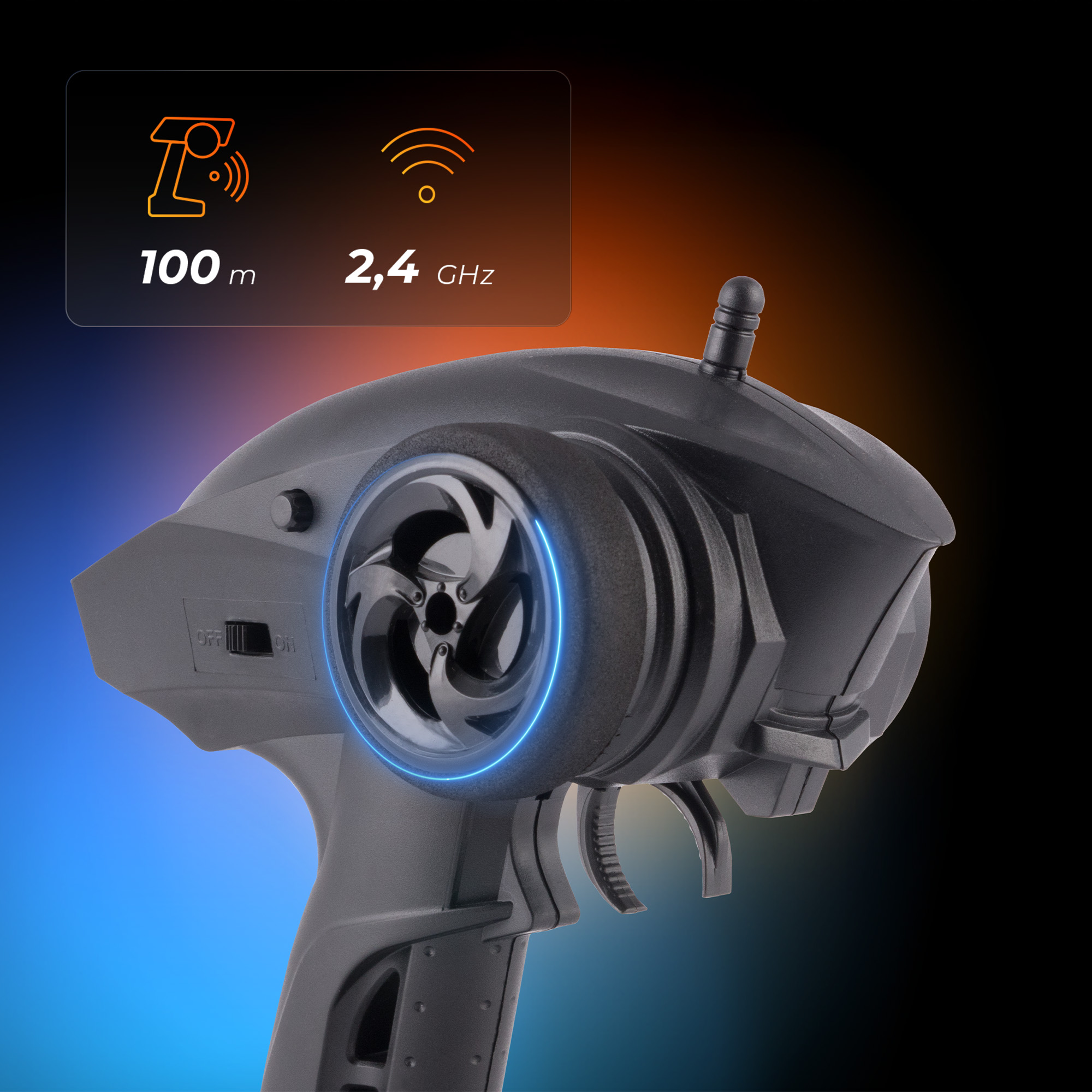 Czarny nadajnik RC z kołem i anteną. Infografika pokazuje zasięg i częstotliwość.