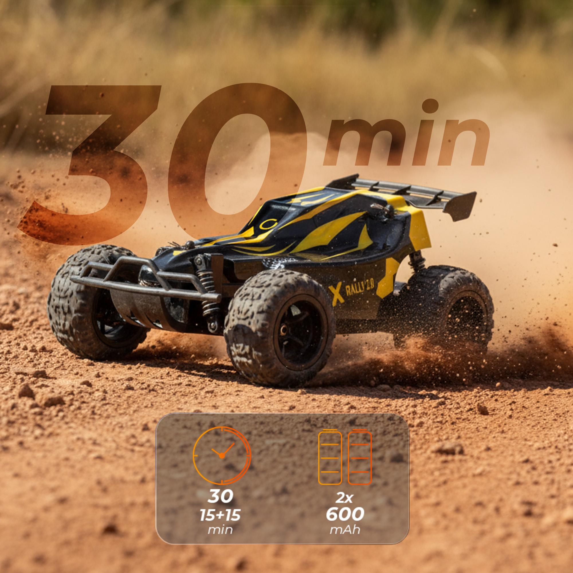 Czarno-żółty samochód RC pędzi po piaszczystym torze, wzbijając kurz. Tekst brzmi '30 min' i informacje o baterii.