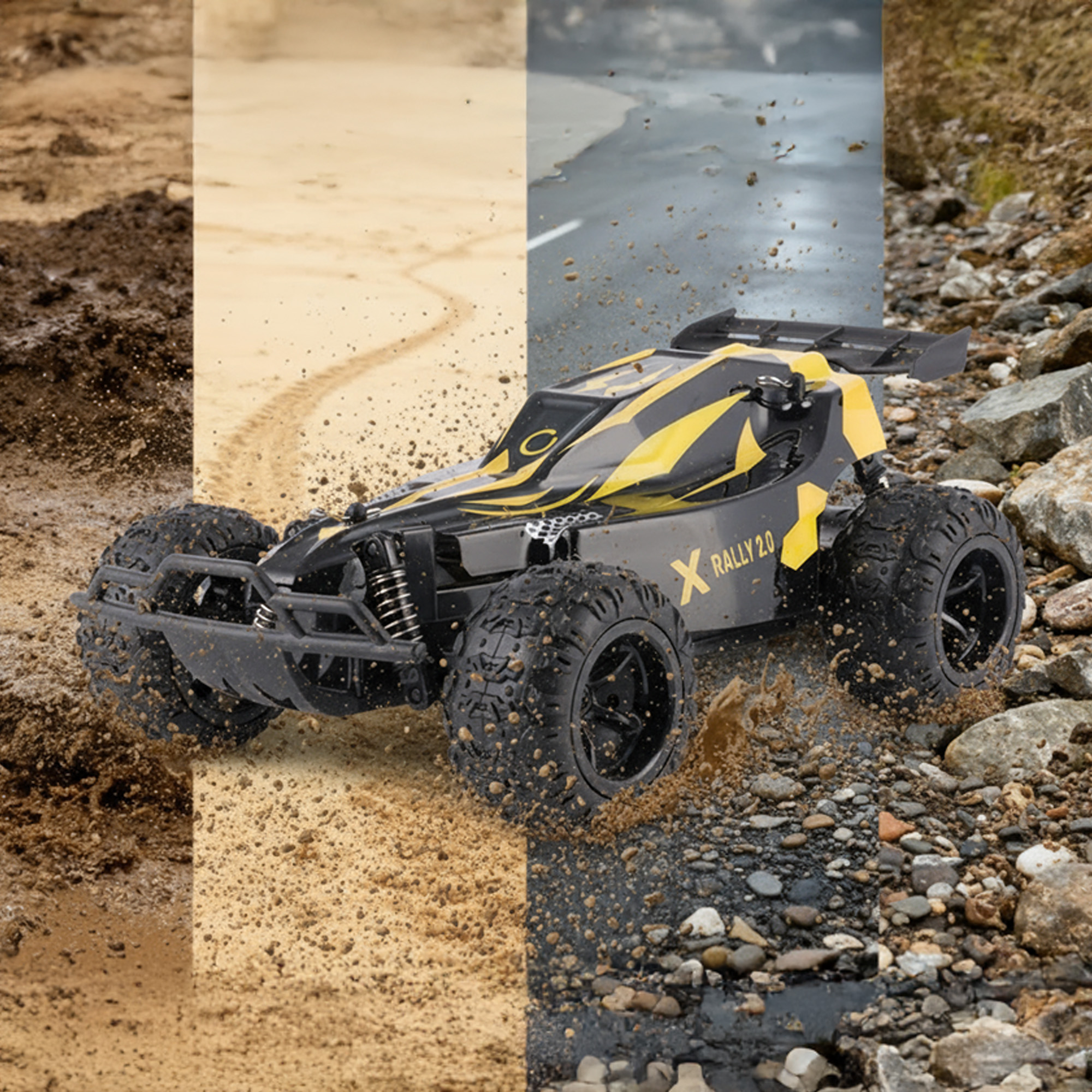 Czarno-żółty samochód RC, 'Rally 2.0', jedzie po zróżnicowanym terenie: błocie, piasku, asfalcie i skałach. Błoto się rozpryskuje.