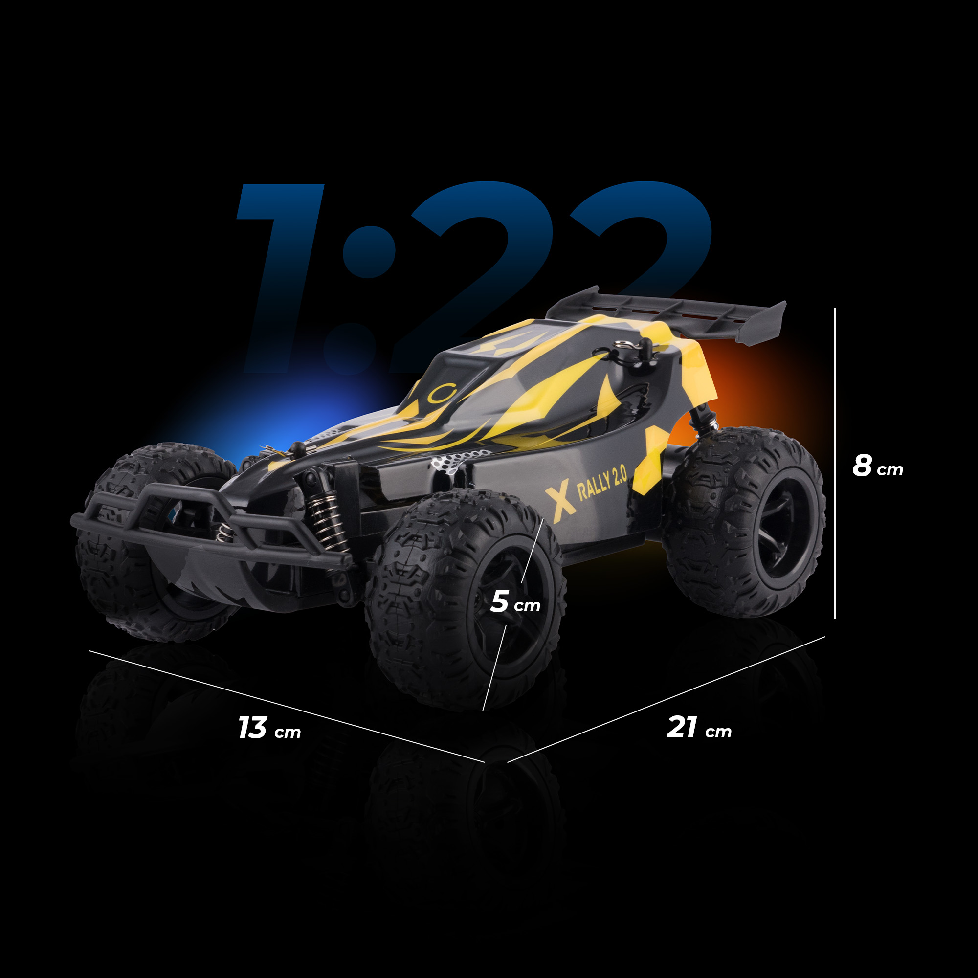 Czarny i żółty zabawkowy samochód rajdowy z oznaczonymi wymiarami. Tło jest czarne z niebieskimi i pomarańczowymi akcentami.