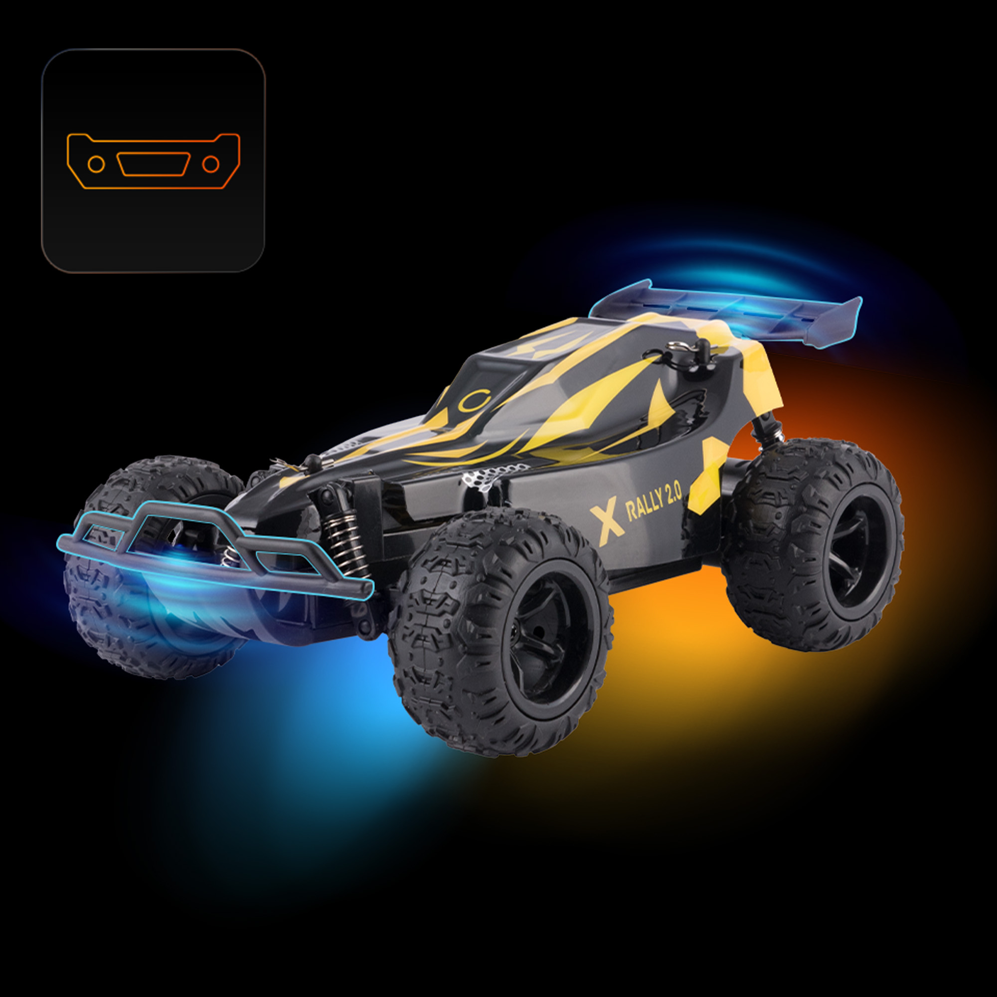 Czarny i żółty samochód RC z dużymi oponami. Ma spojler i jest oświetlony niebieskimi i pomarańczowymi światłami.