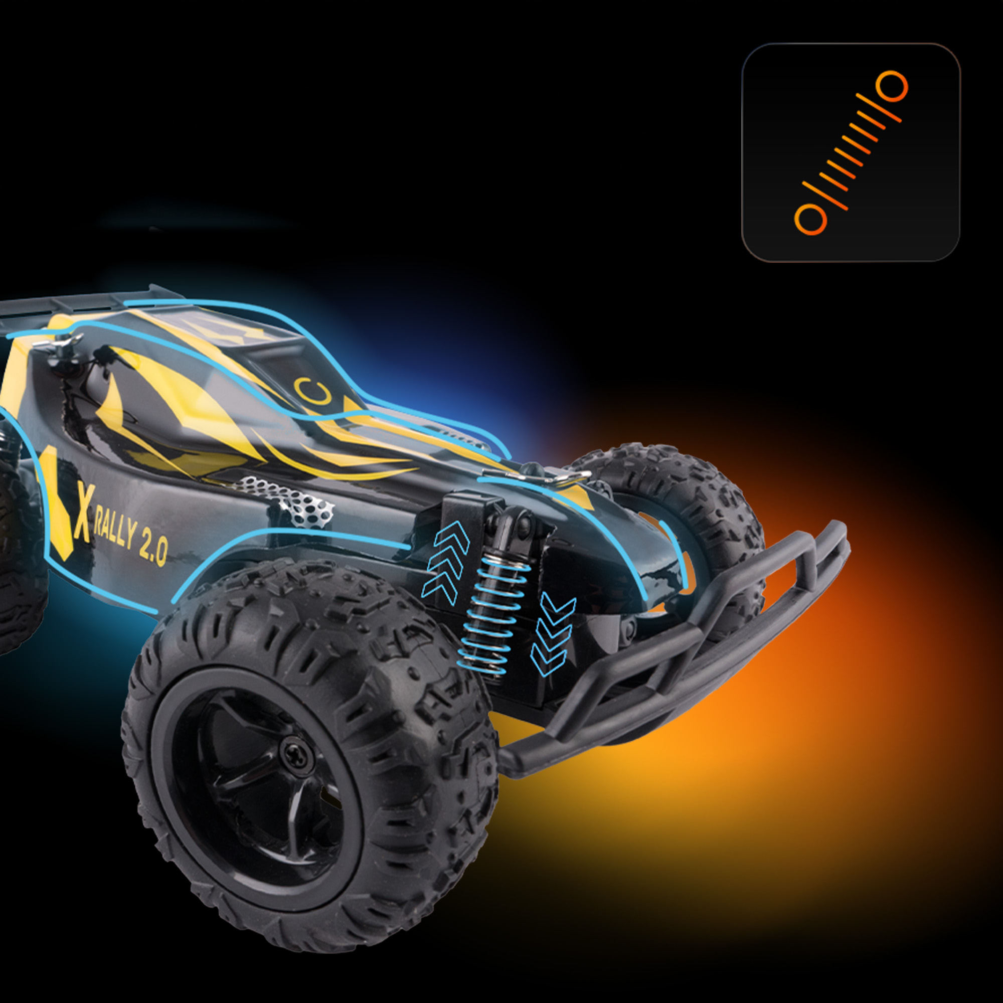 Czarny i żółty samochód RC, X Rally 2.0, z dużymi oponami. Tło gradientowe czarne, niebieskie i pomarańczowe.