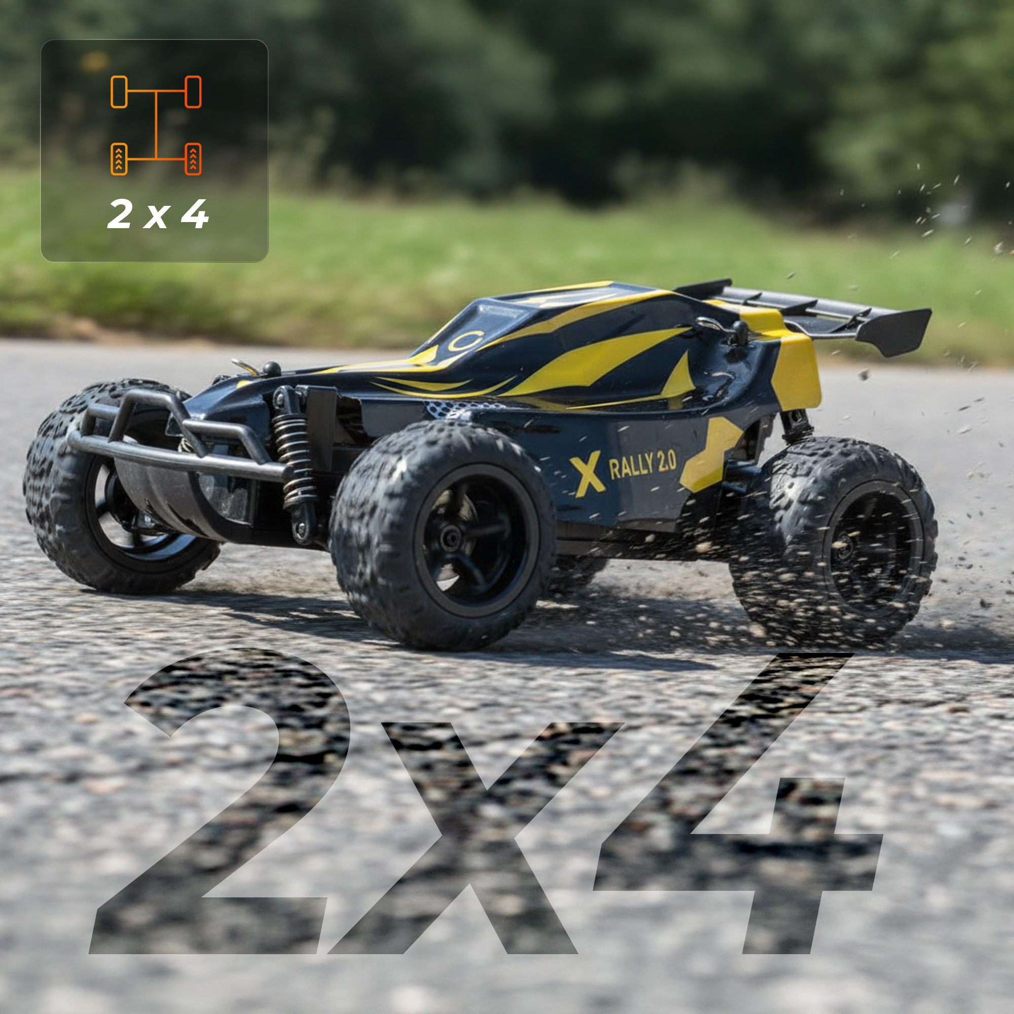 Czarno-żółty samochód RC pędzi po drodze. Samochód oznaczony jest jako Rally 2.0 z grafiką 2x4.