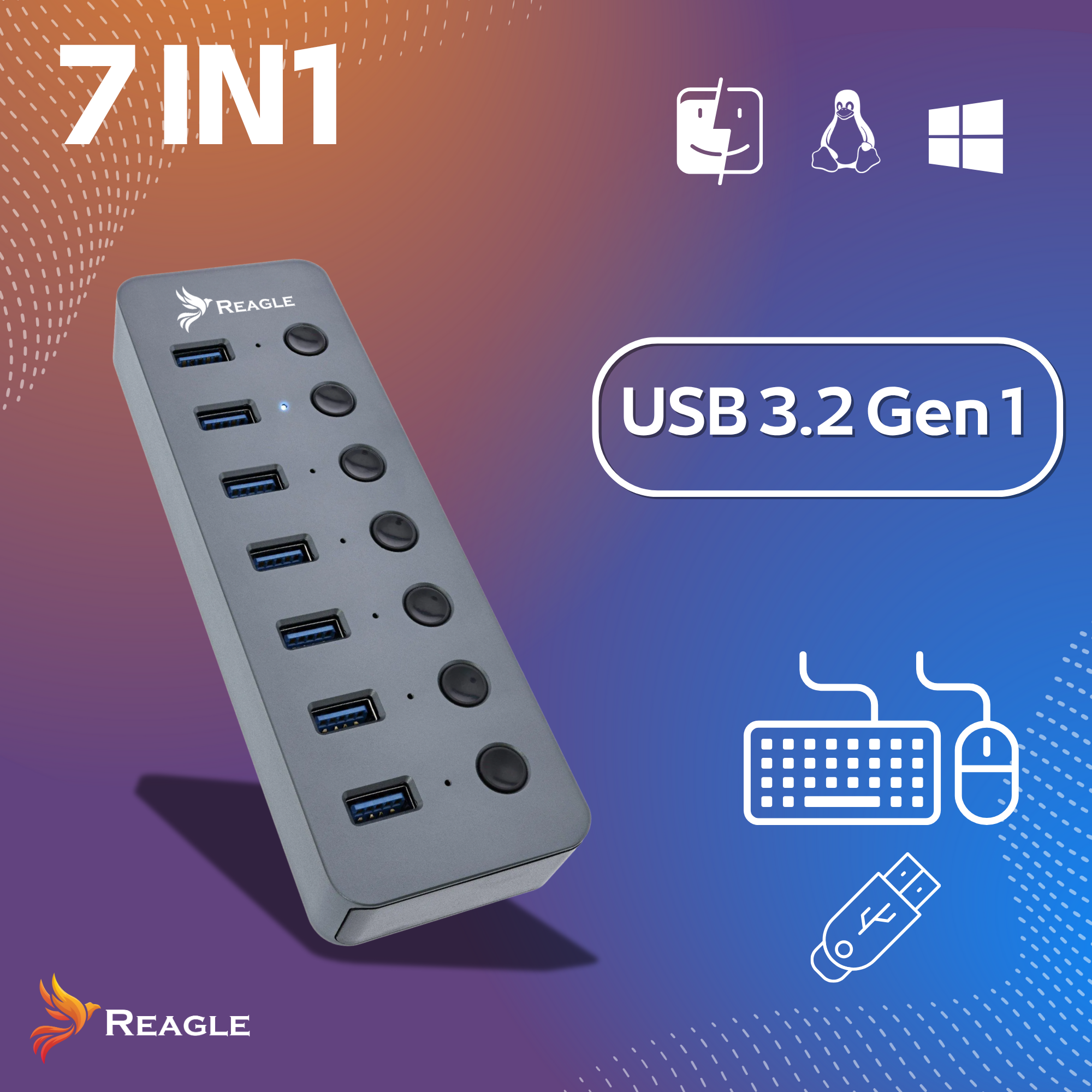 Szary hub USB 7 w 1 z USB 3.2 Gen 1. Zawiera ikony różnych systemów operacyjnych i urządzeń peryferyjnych.