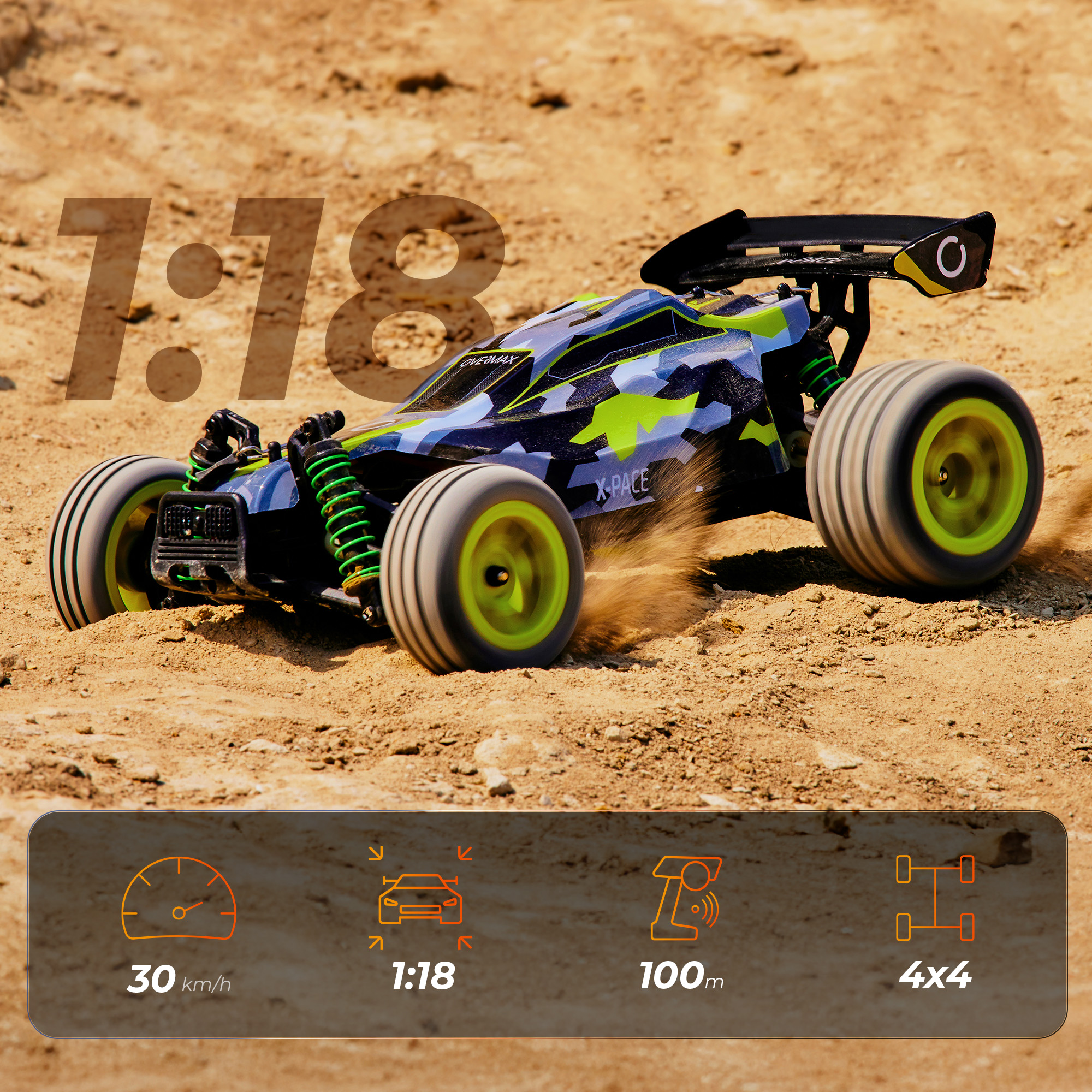 Niebieski, zielony i czarny samochód RC na piasku, z nakładającymi się szczegółami prędkości i skali. Koła są żółto-zielone.