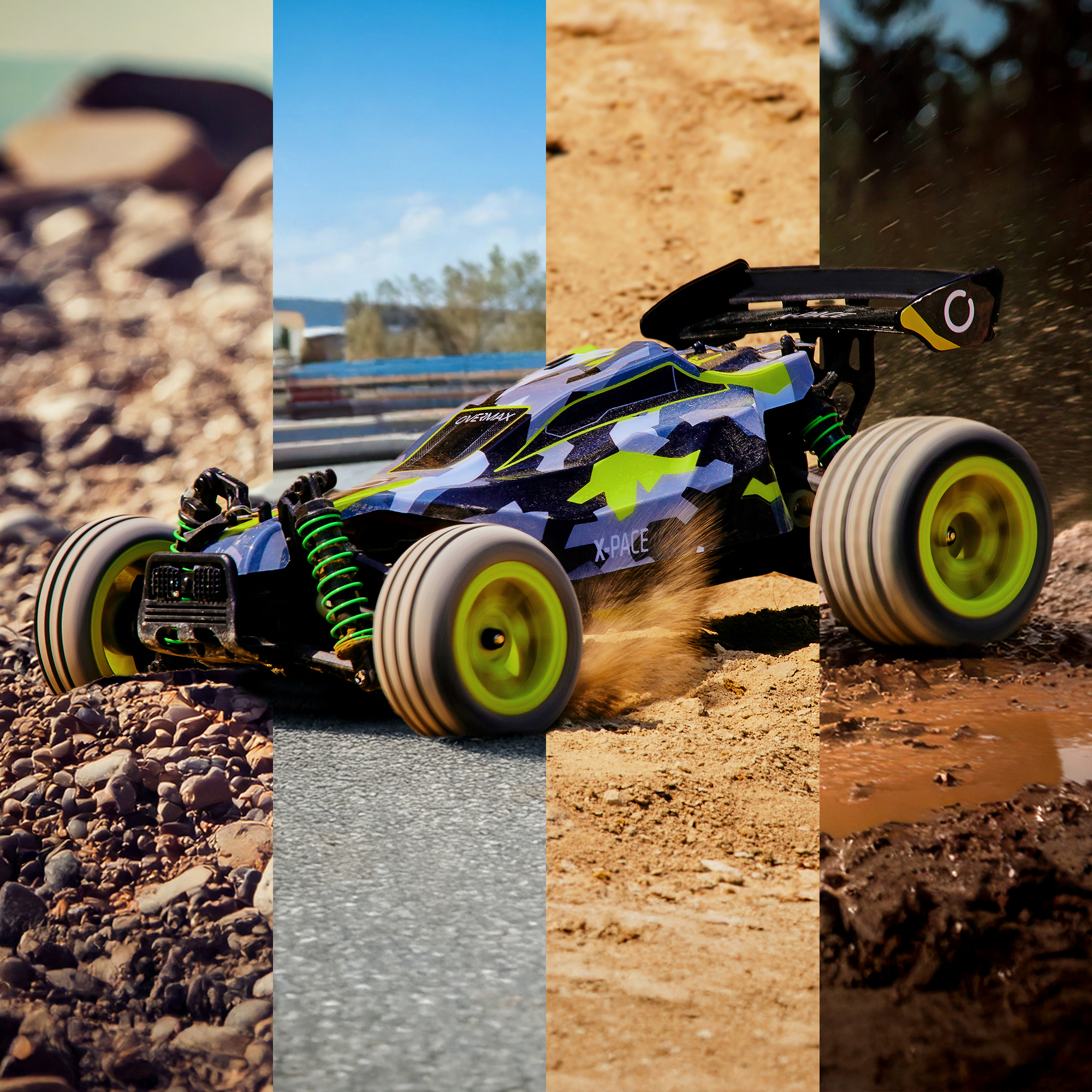 Samochód zdalnie sterowany na różnych terenach: skały, asfalt, ziemia i błoto. Samochód jest niebieski z zielonymi akcentami.