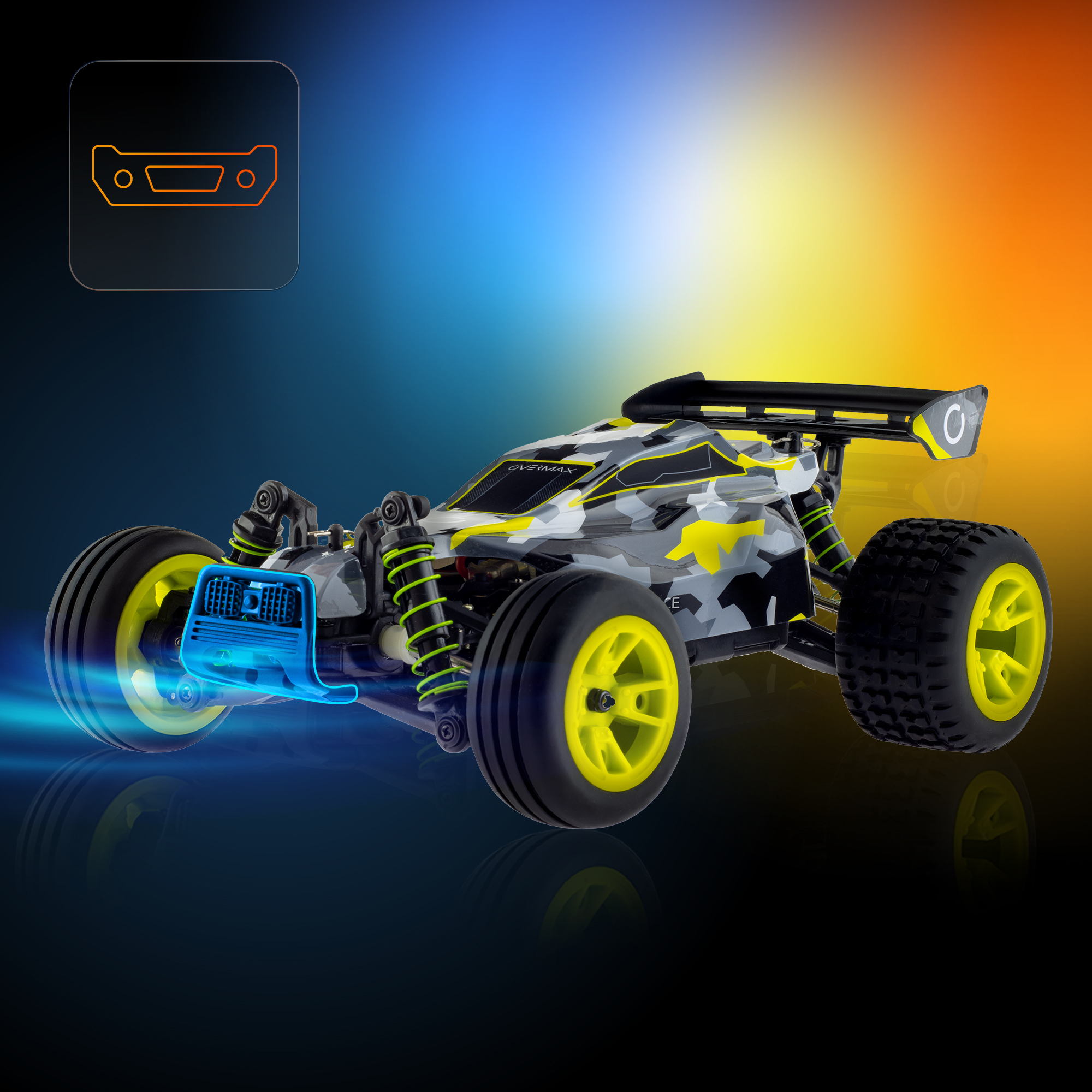 Samochód zdalnie sterowany z żółtymi kołami i kamuflażem na tle gradientu.
