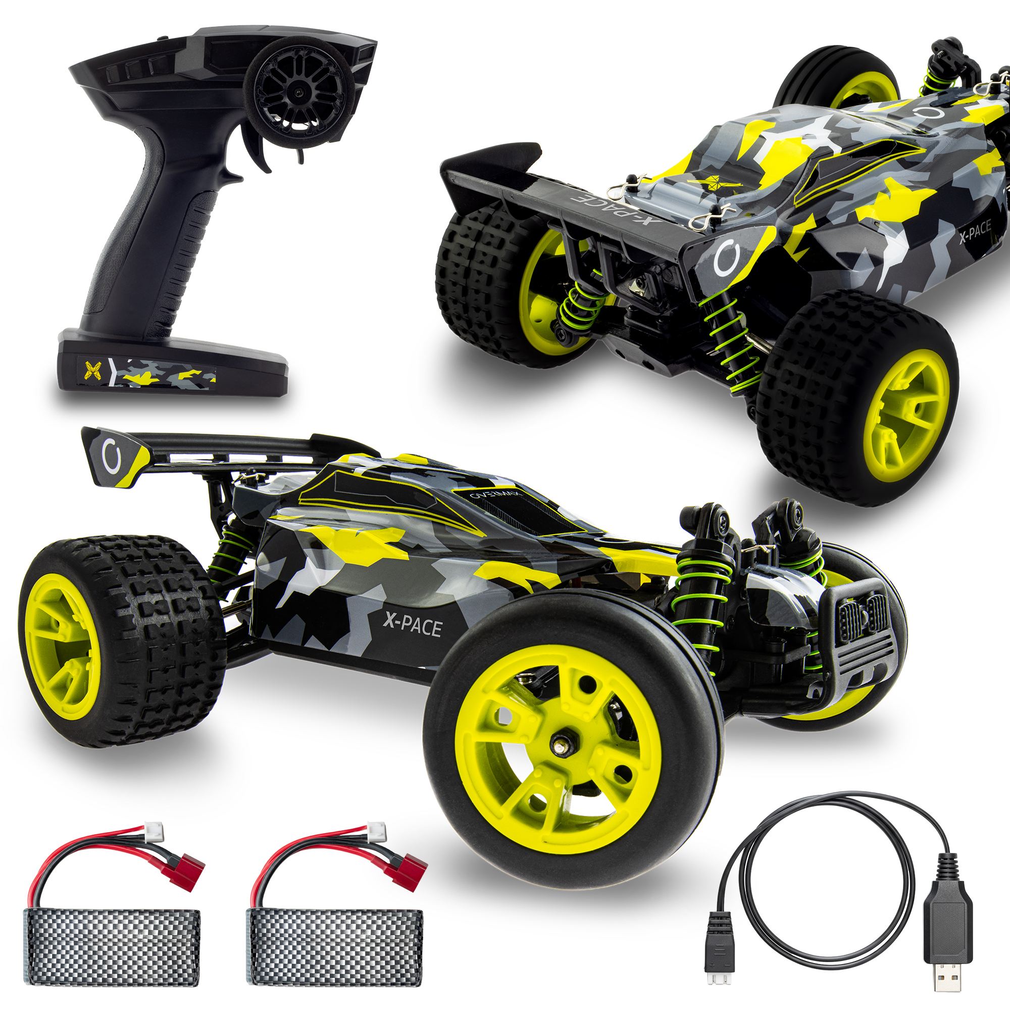 Zestaw samochodów RC z pilotem, bateriami i kablem. Samochody są czarne, szare i żółte. Zawiera ładowarkę i kontroler.