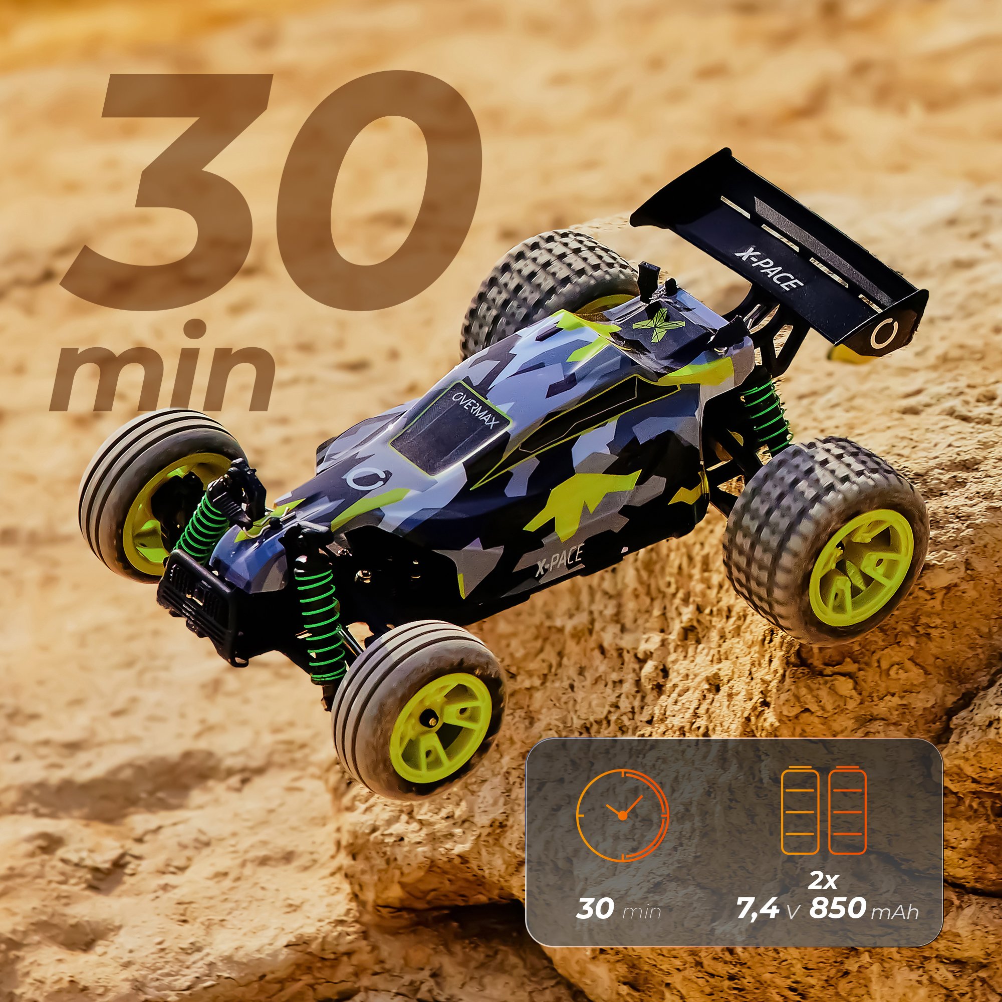 Kamuflażowy samochód RC, X-PACE, na skalistej powierzchni. Nakładki tekstowe brzmią '30 min' i specyfikacje baterii.