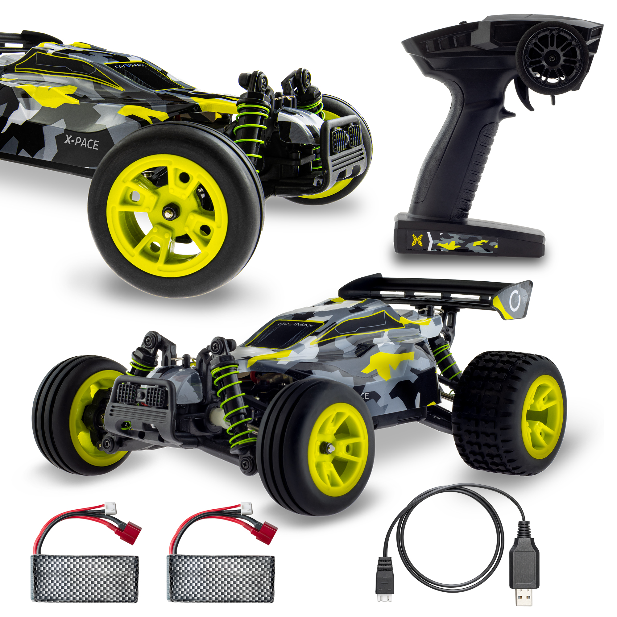 RC car with black, gray and yellow camo design. Includes remote, batteries, and USB cable. White background.