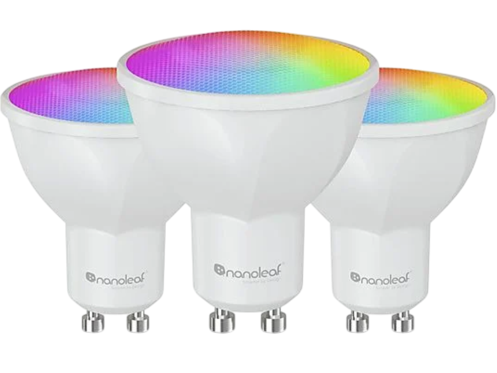 Drei weiße Smart-Lampen mit buntem Licht. Jede hat das Nanoleaf-Logo. Der Hintergrund ist schwarz.