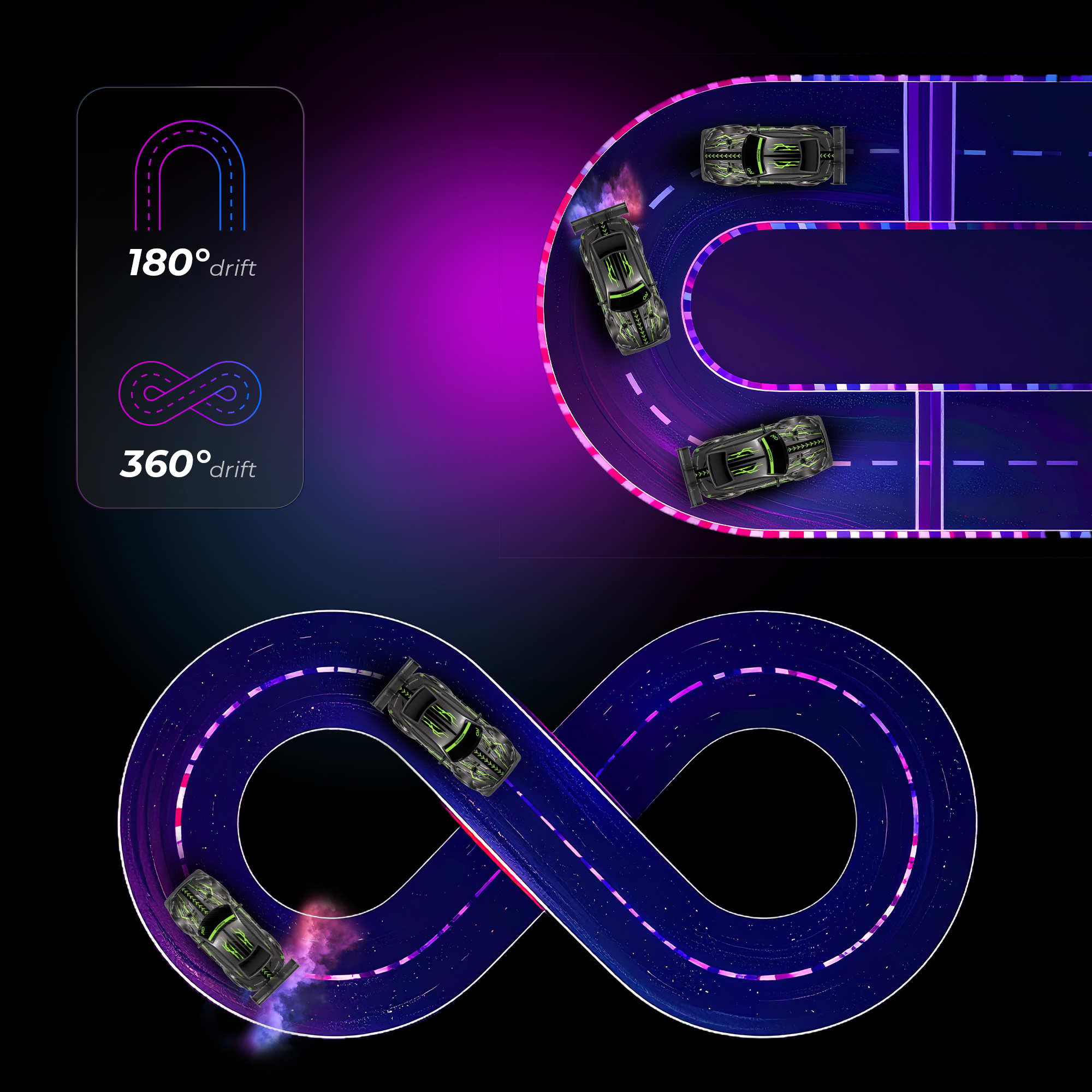 Das Bild zeigt Spielzeug-Rennwagen, die auf Neon-Strecken driften. Die Strecken sind in 180- und 360-Grad-Kurven geformt.